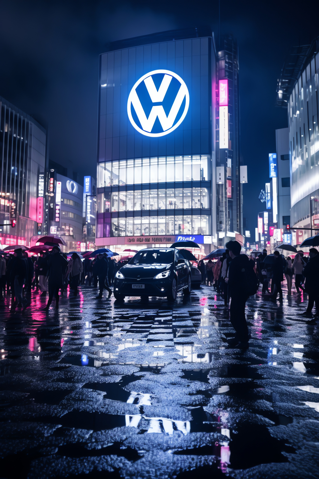 Volkswagen auto logo, Tokyo's Shibuya district, Digital billboard, Crowded intersection, Luminous signage, HD Phone Wallpaper