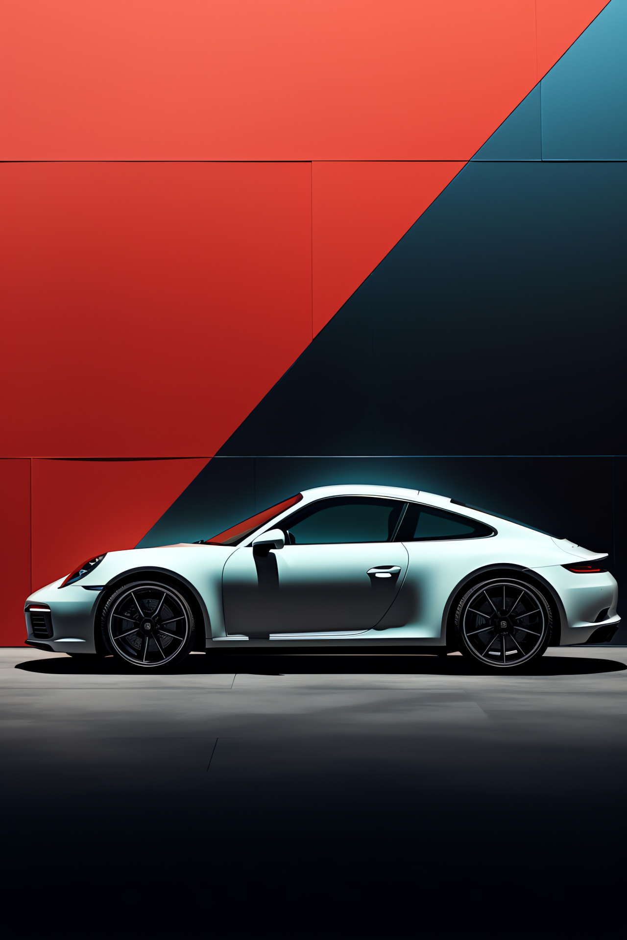 Stark Porsche 911, Bi-color backdrop contrast, German engineering perfection, Automotive side profile, Bold vehicle aesthetics, HD Phone Image