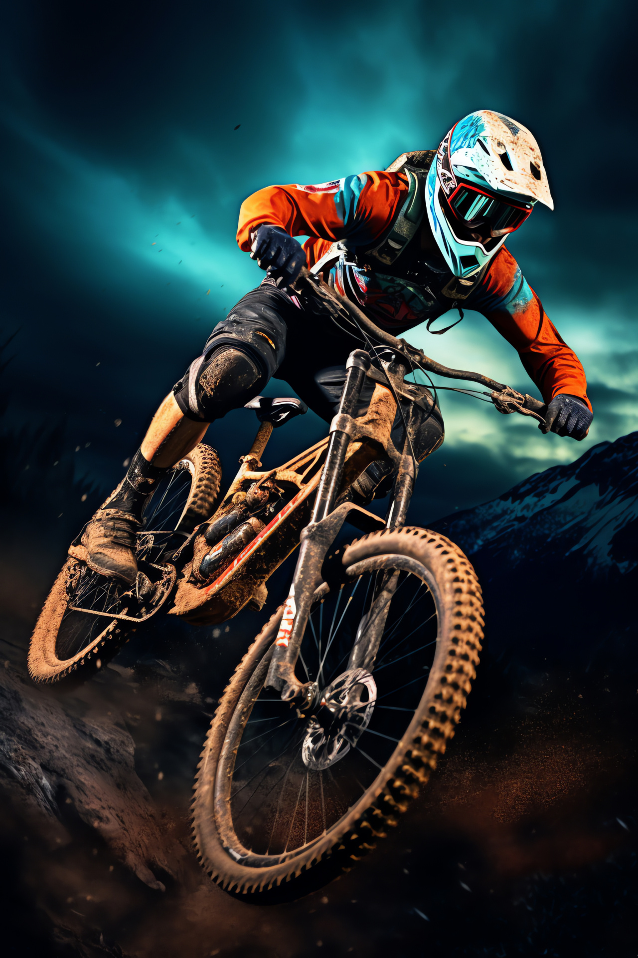 MTB professional racing, Luminous trail hues, Panoramic adventure, Neon wilderness glow, Captivating biking, HD Phone Wallpaper