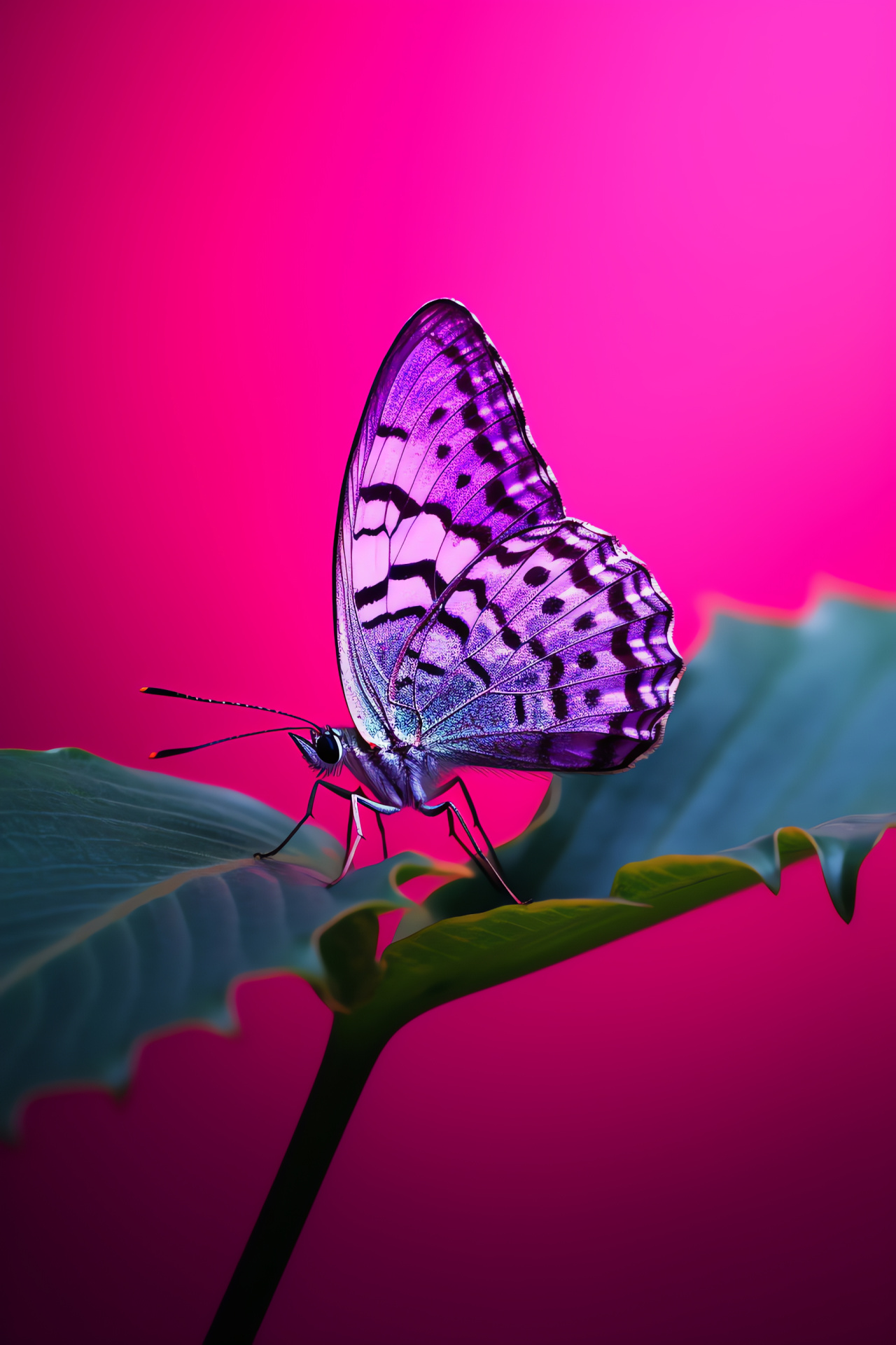 Lepidoptera species, Pink and Purple Butterfly, dual-hued backdrop serenity, leaf-perching insect, tranquil nature, HD Phone Wallpaper