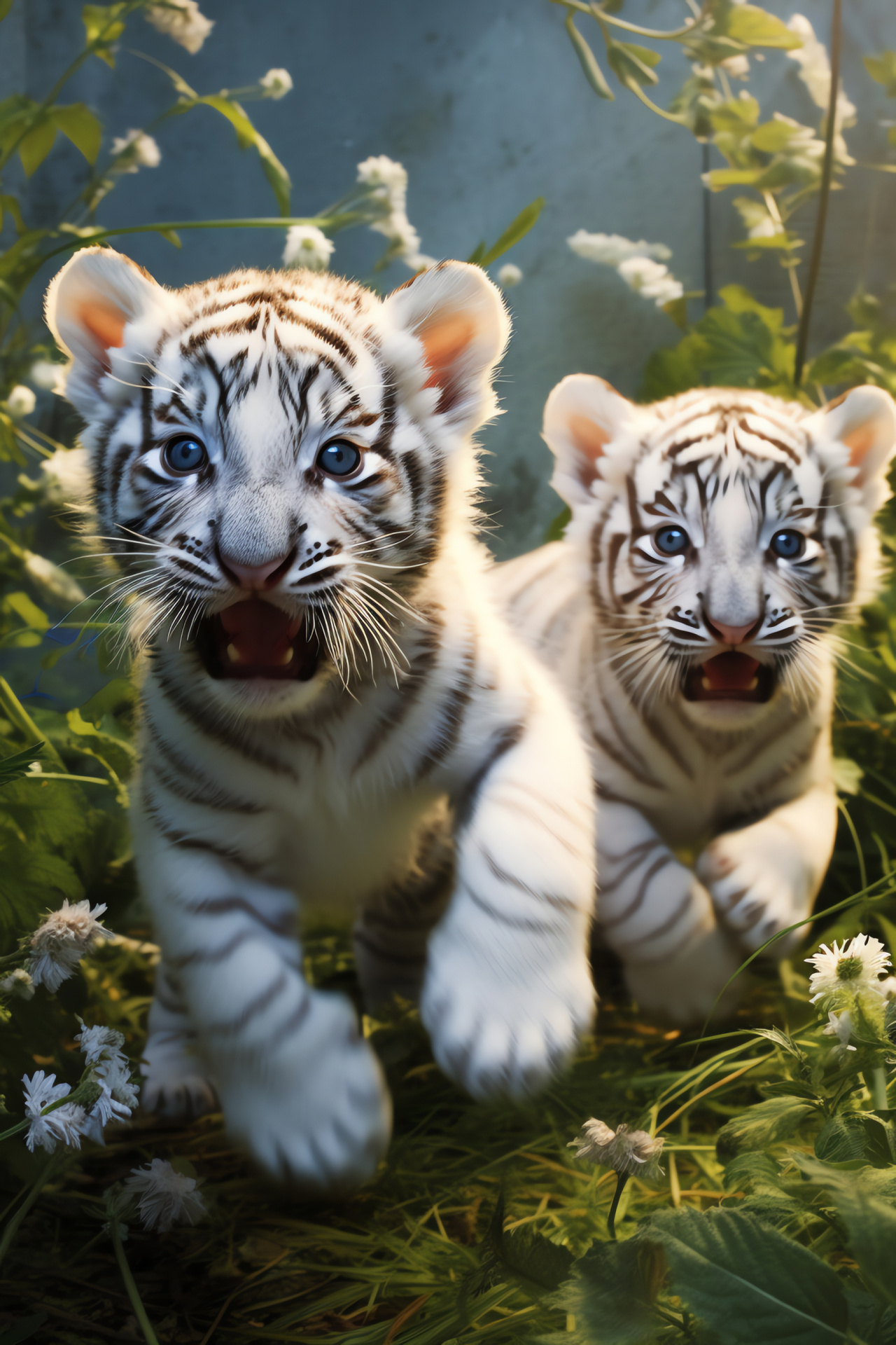 Young White Tiger Cubs, playful demeanor, exotic cats, summer vibrance, fresh greenery, HD Phone Image