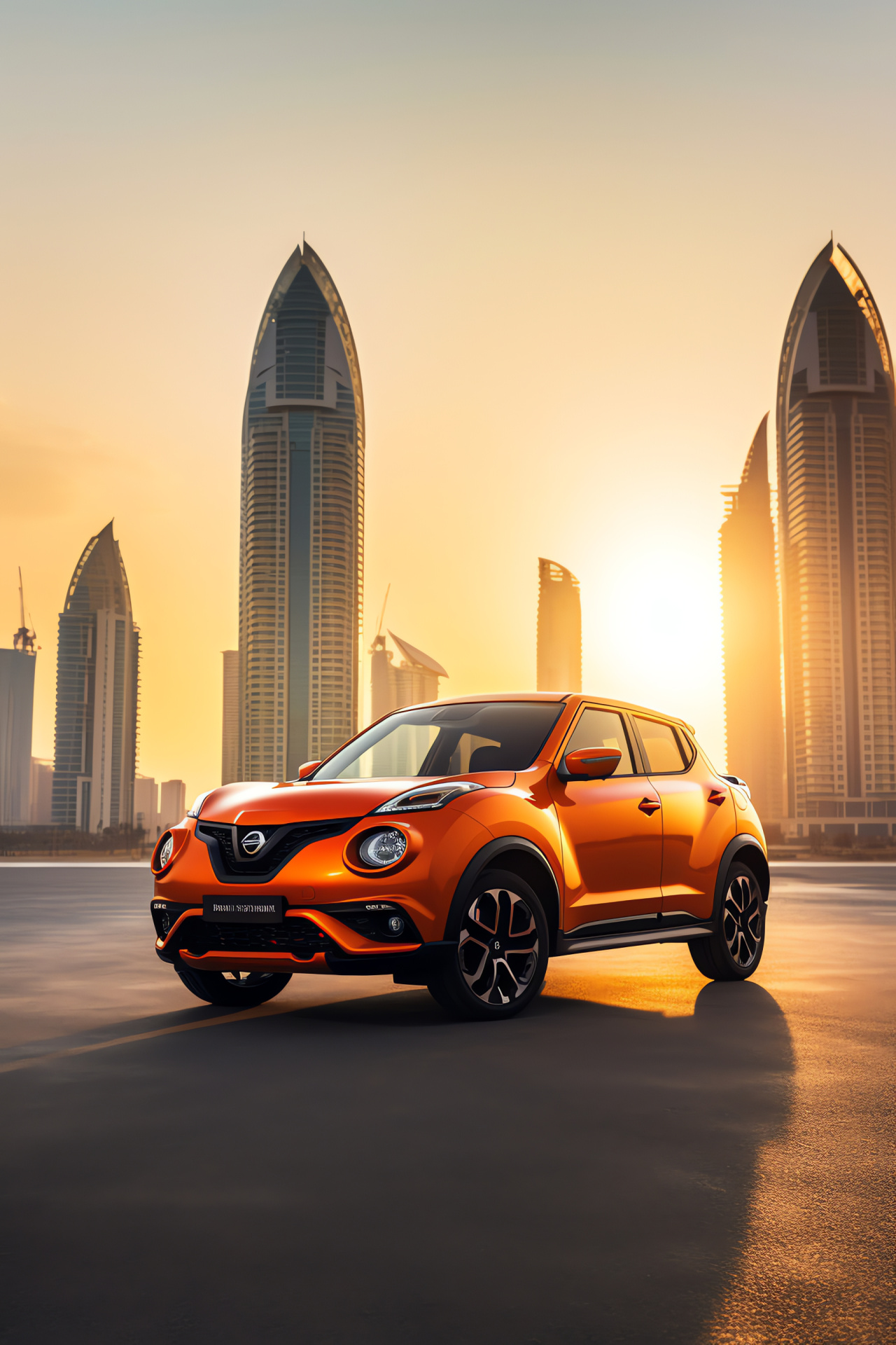 Nismo brand, Juke-R sports car, Dubai landscape, Orange vehicle finish, Iconic UAE skyscraper, HD Phone Wallpaper