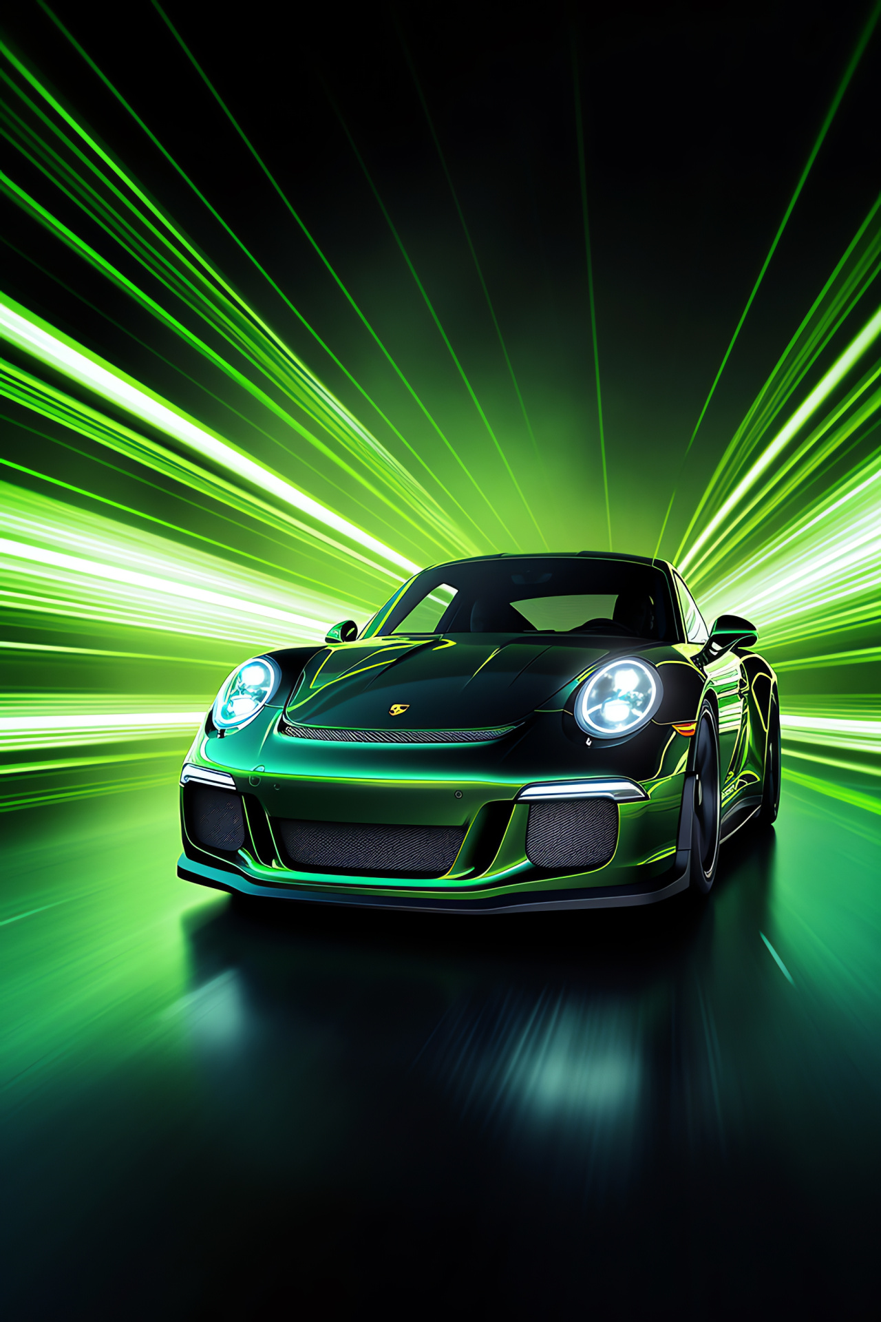 Vivid luxury Porsche GT3, unique green hue, glowing street lines, high-energy automotive scene, HD Phone Wallpaper