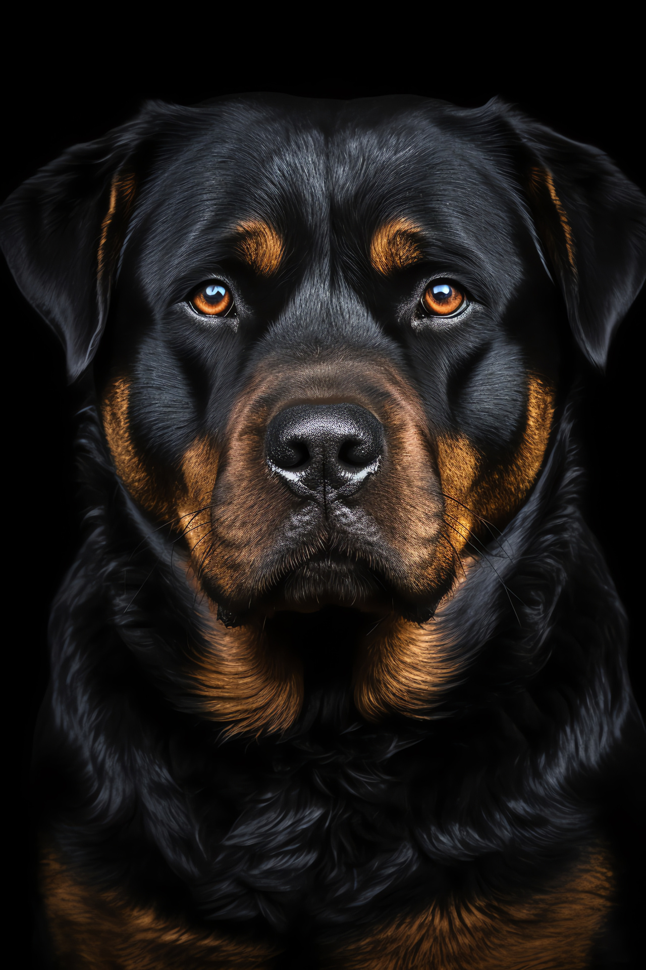 Rottweiler focused posture, Canine black glossy fur, Breed firm expression, Domestic dog portrait, Black silhouette background, HD Phone Wallpaper