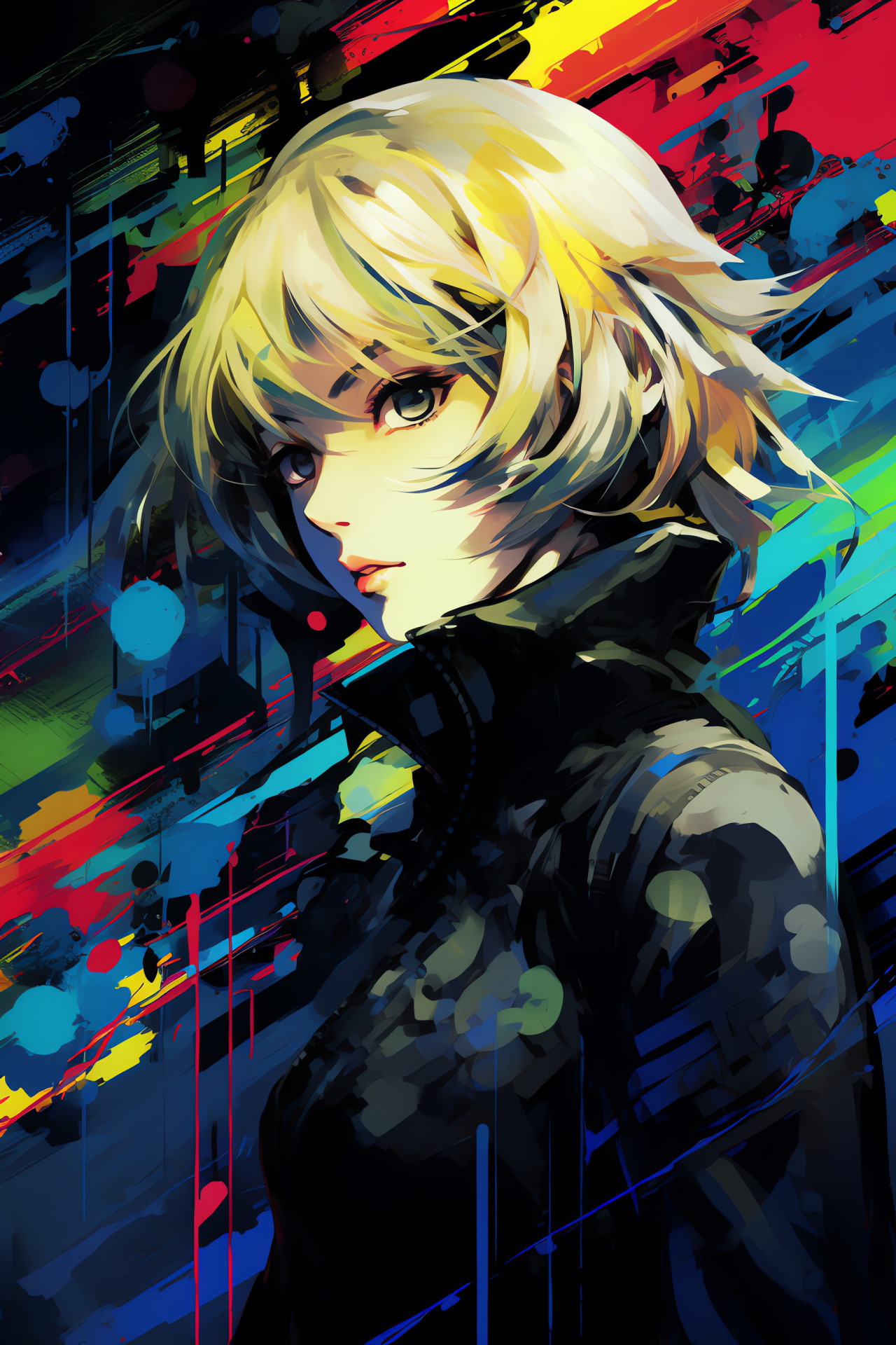 Spectral colors behind Aigis, Persona 3 literature, Luminous display backdrop, Psychedelic scheme, HD Phone Image