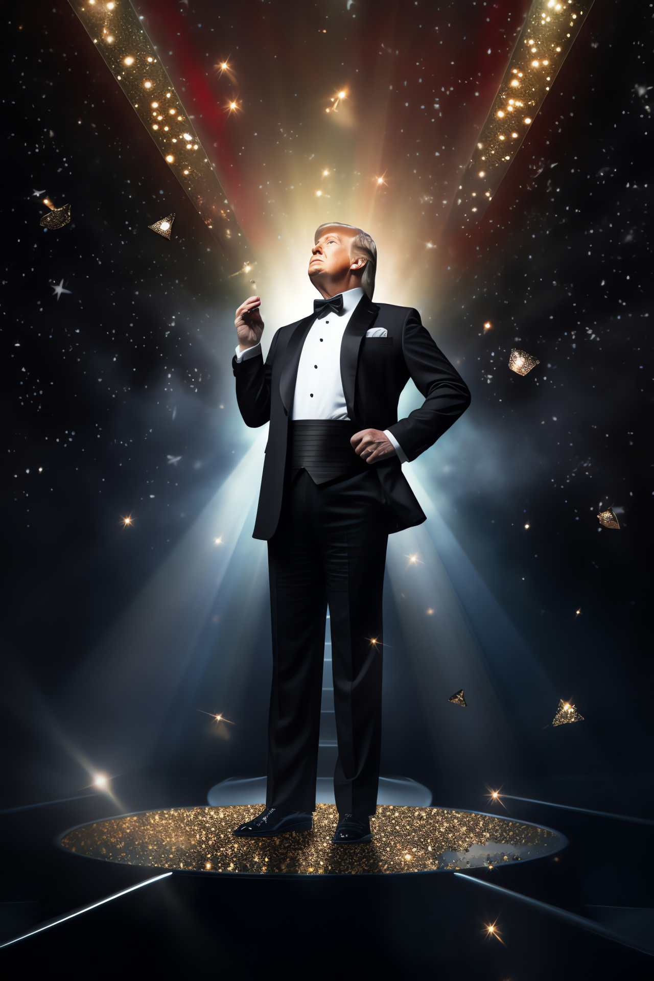 Donald Trump at Miss Universe, glamourous tuxedo attire, prestigious crown element, magnificent stage setting, HD Phone Image