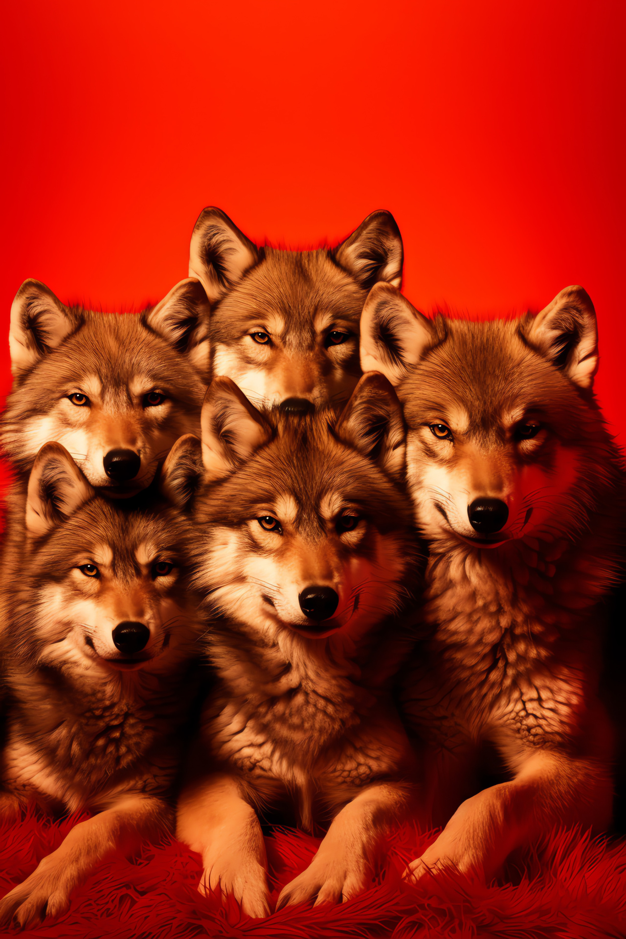 Vivid Canine pack, Fire-red fur, Fierce gaze, Bold predators, Untamed wildlife, HD Phone Image