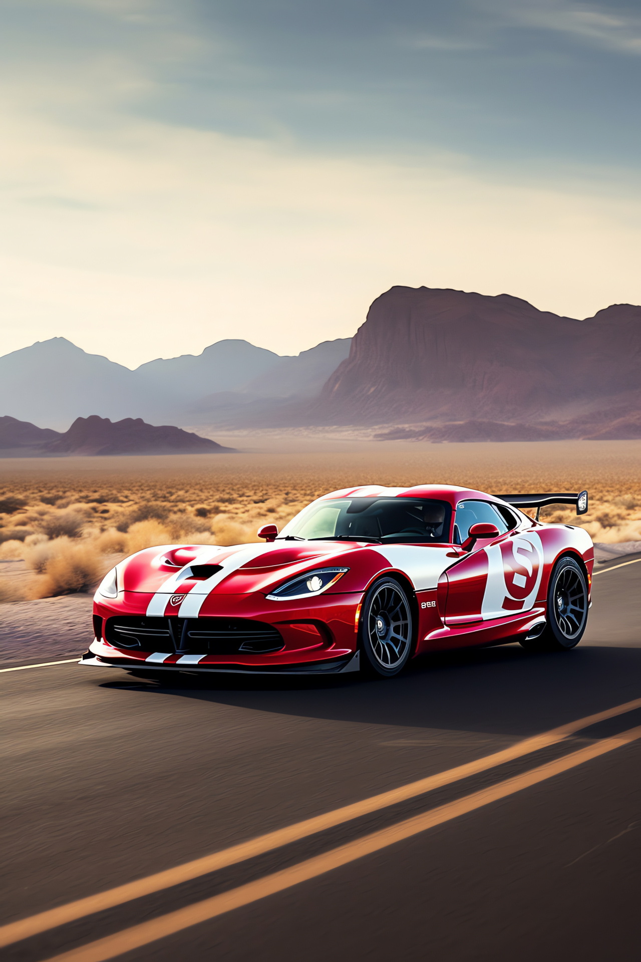 SRT Viper ACR-X, iconic Route 66, American muscle, red-white livery, desert vista, HD Phone Image