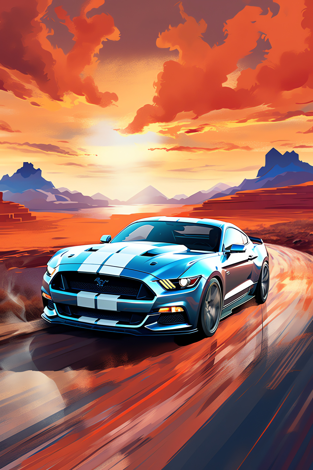 Mustang GT350 overhead, Expansive scenery, Variety spectrum showcase, Artistic motoring expression, Digital cyber realm, HD Phone Image