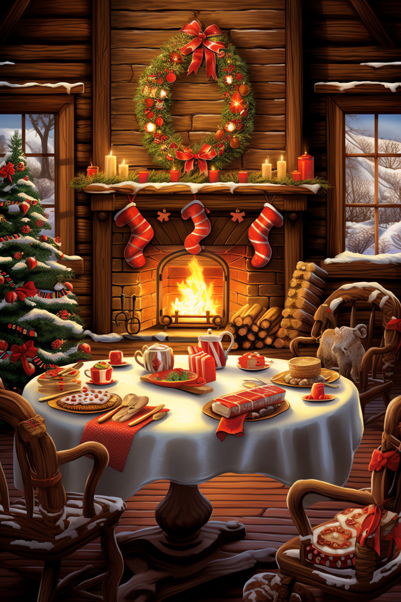 Alpine homestead amid frosty peaks, kinfolk by fireside, homey holiday decorum, mountainous retreat, HD Phone Image