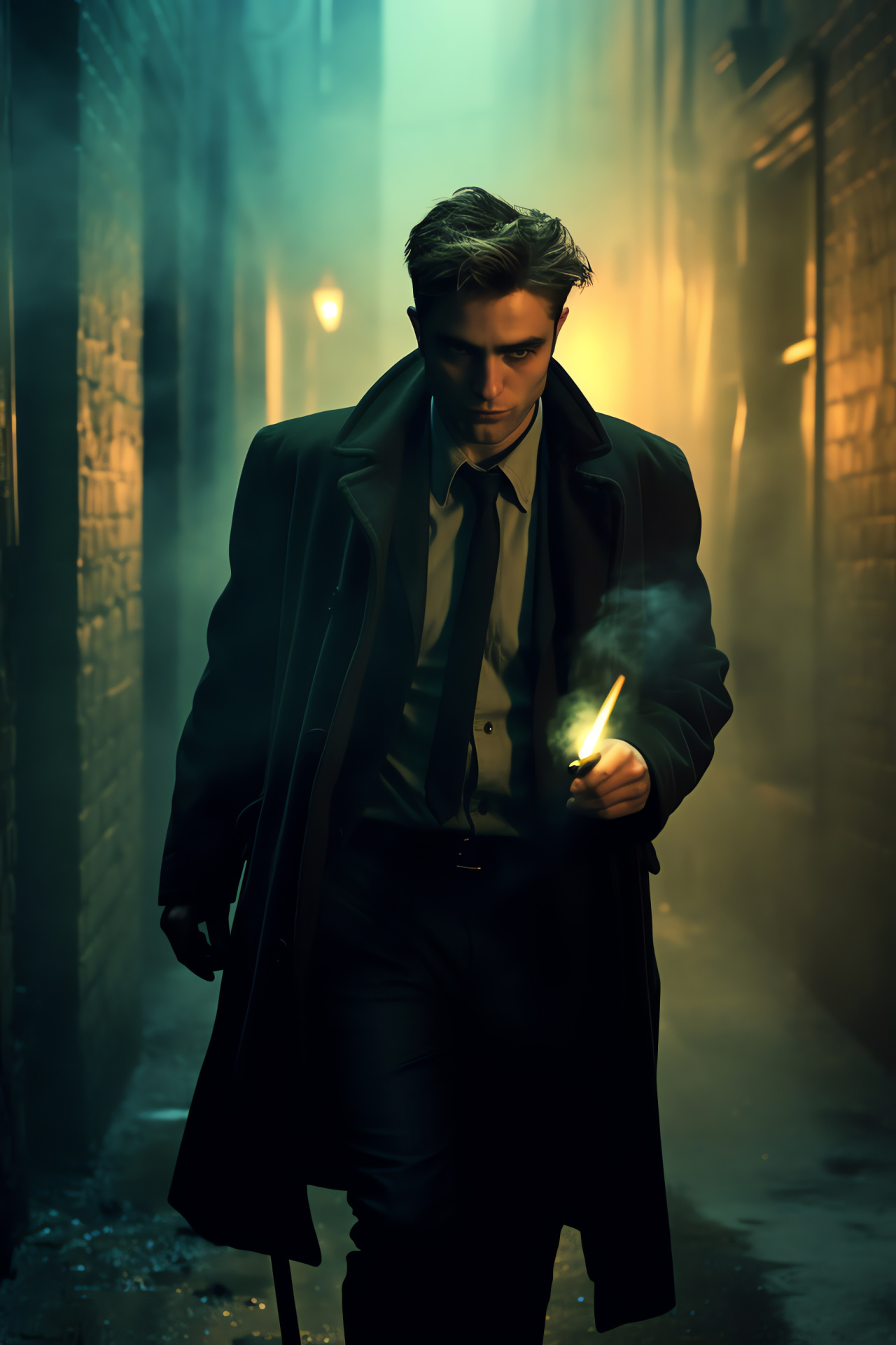 Rob Pattinson, Crime investigation, Atmospheric film noir, Smoky ambiance, Rain-soaked streets, HD Phone Image