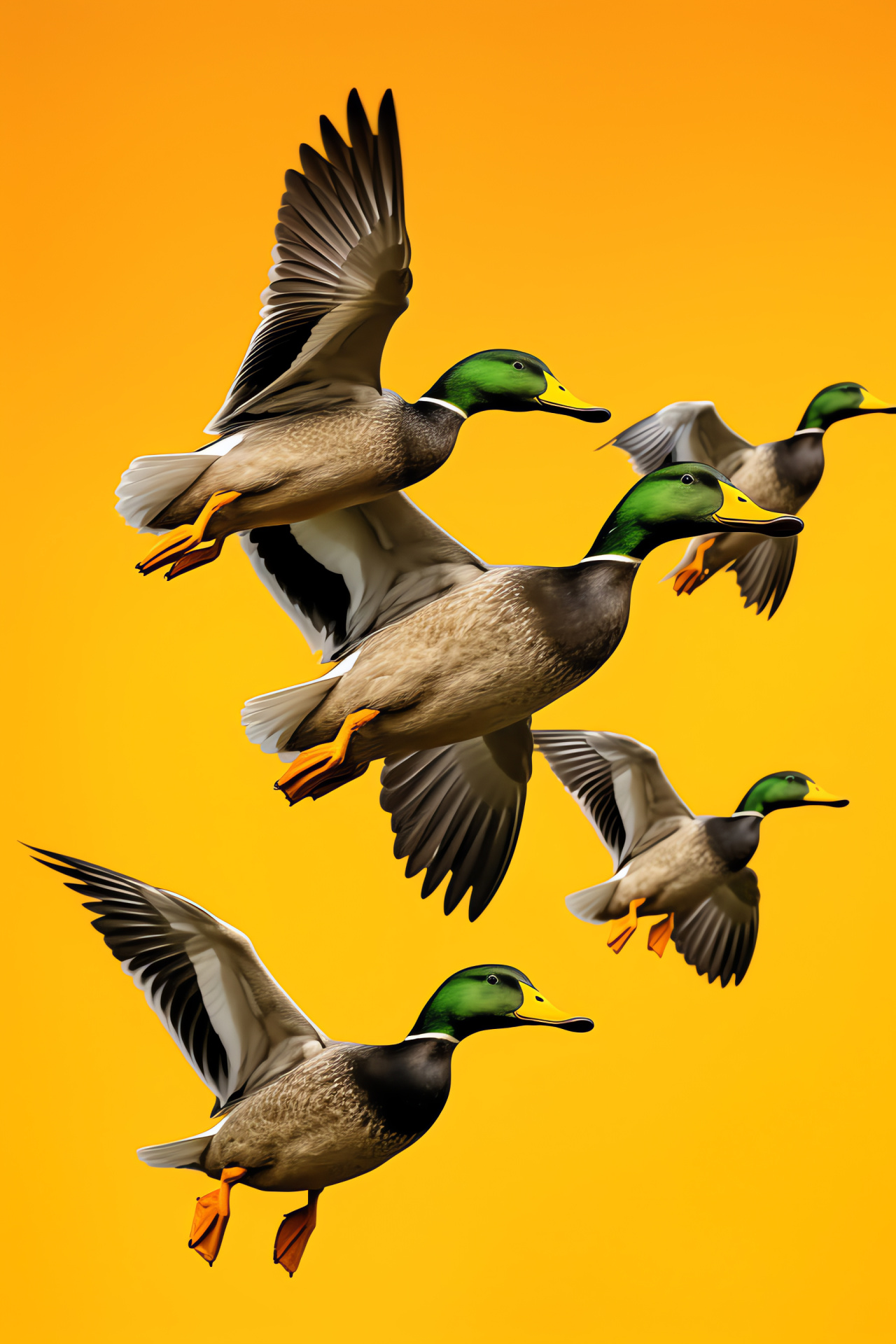 Wild ducks, mallards airborne, sunlit canvas, lustrous plumage, HD Phone Wallpaper