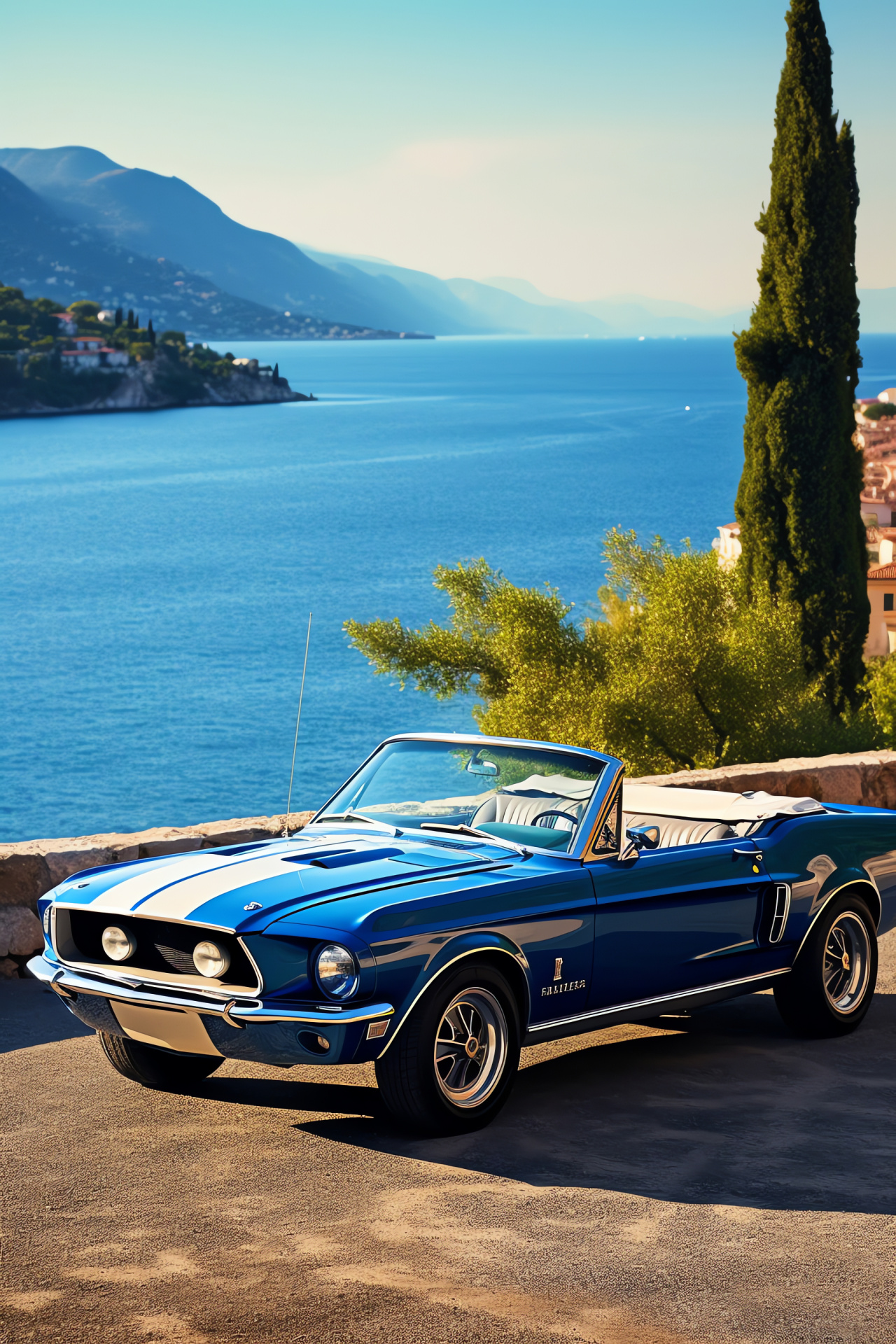 Shelby GT500KR, Amalfi Coast drive, Italian coastline touring, Sea-blue Mediterranean, Classic sports car, HD Phone Wallpaper