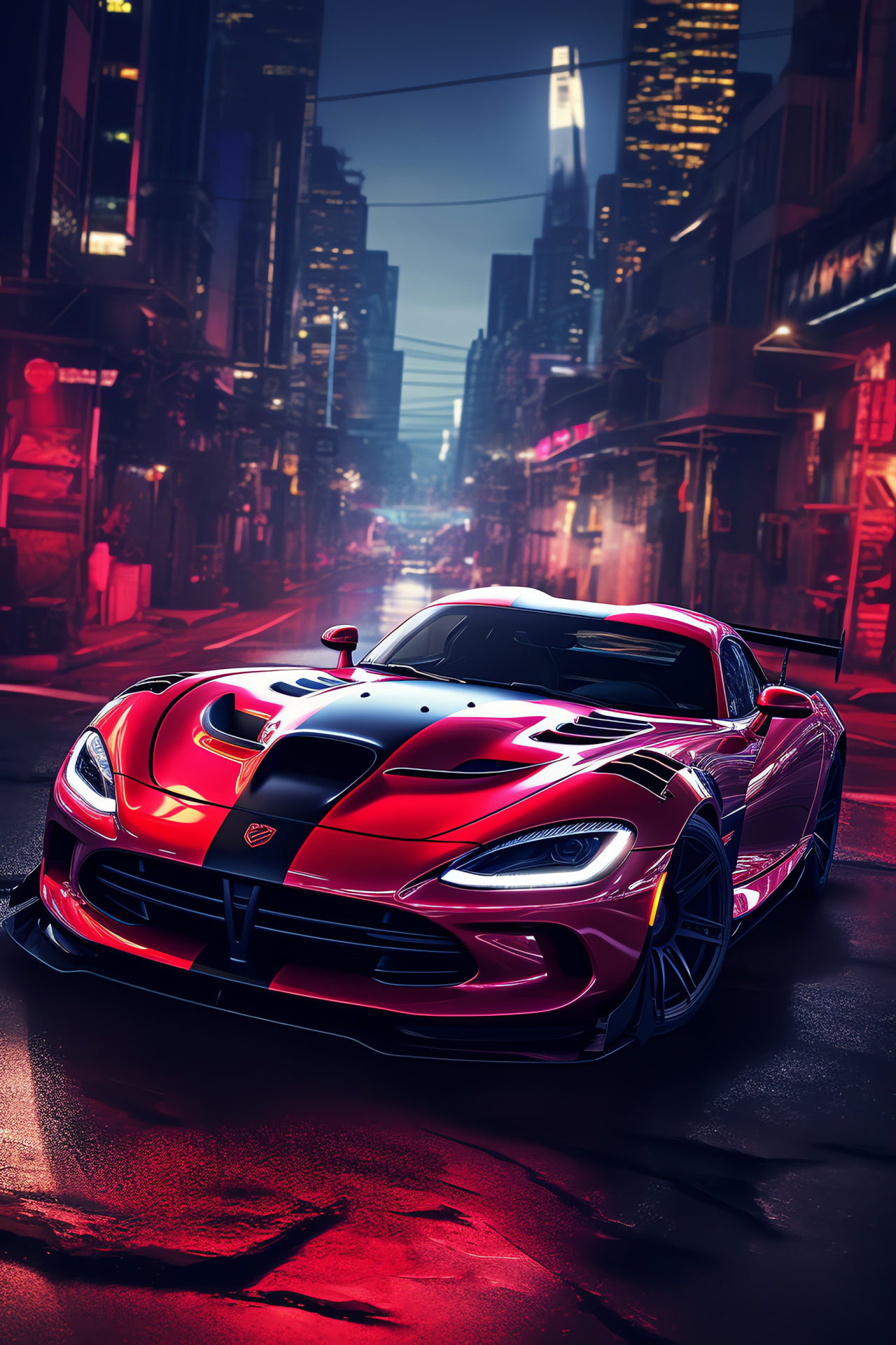 Srt Viper GTS, neon city maze, aerial stance, cyberpunk environment, nocturnal gloss, HD Phone Image