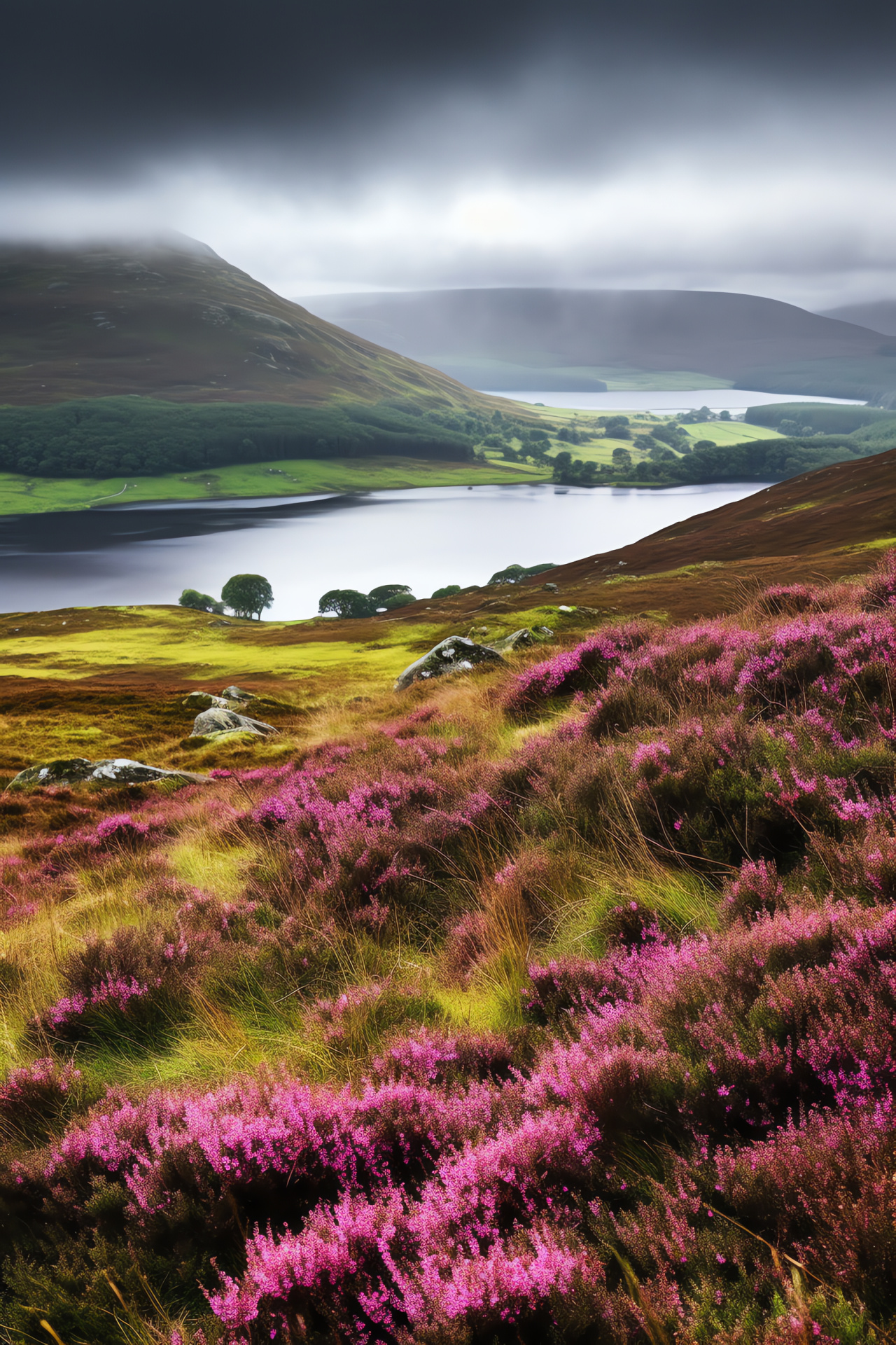 Scotland highlands, Heather-covered slopes, Lochs panorama, Rain-clad heather, Misty Scottish vista, HD Phone Image