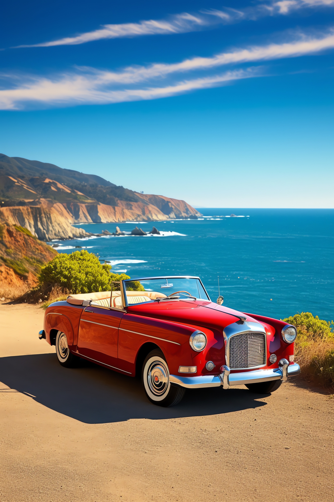 Antique red automobile, Convertible coastal tour, Cali cliffs and ocean, Scenic highway leisure, Nostalgic driving experience, HD Phone Wallpaper