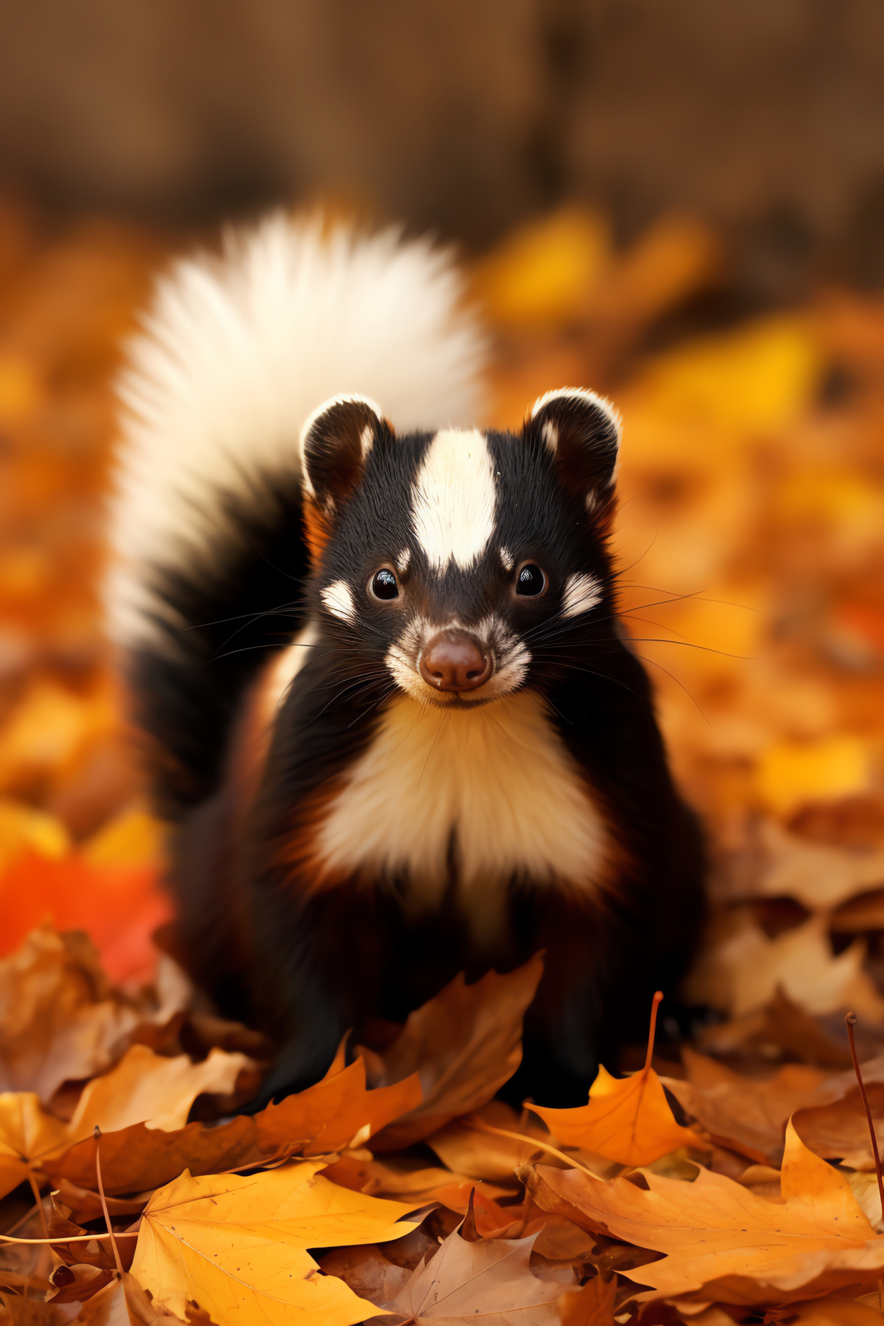 Suburban wildlife, skunk playfulness, seasonal foliage glee, urban wildlife scene, animal curiosity, HD Phone Image