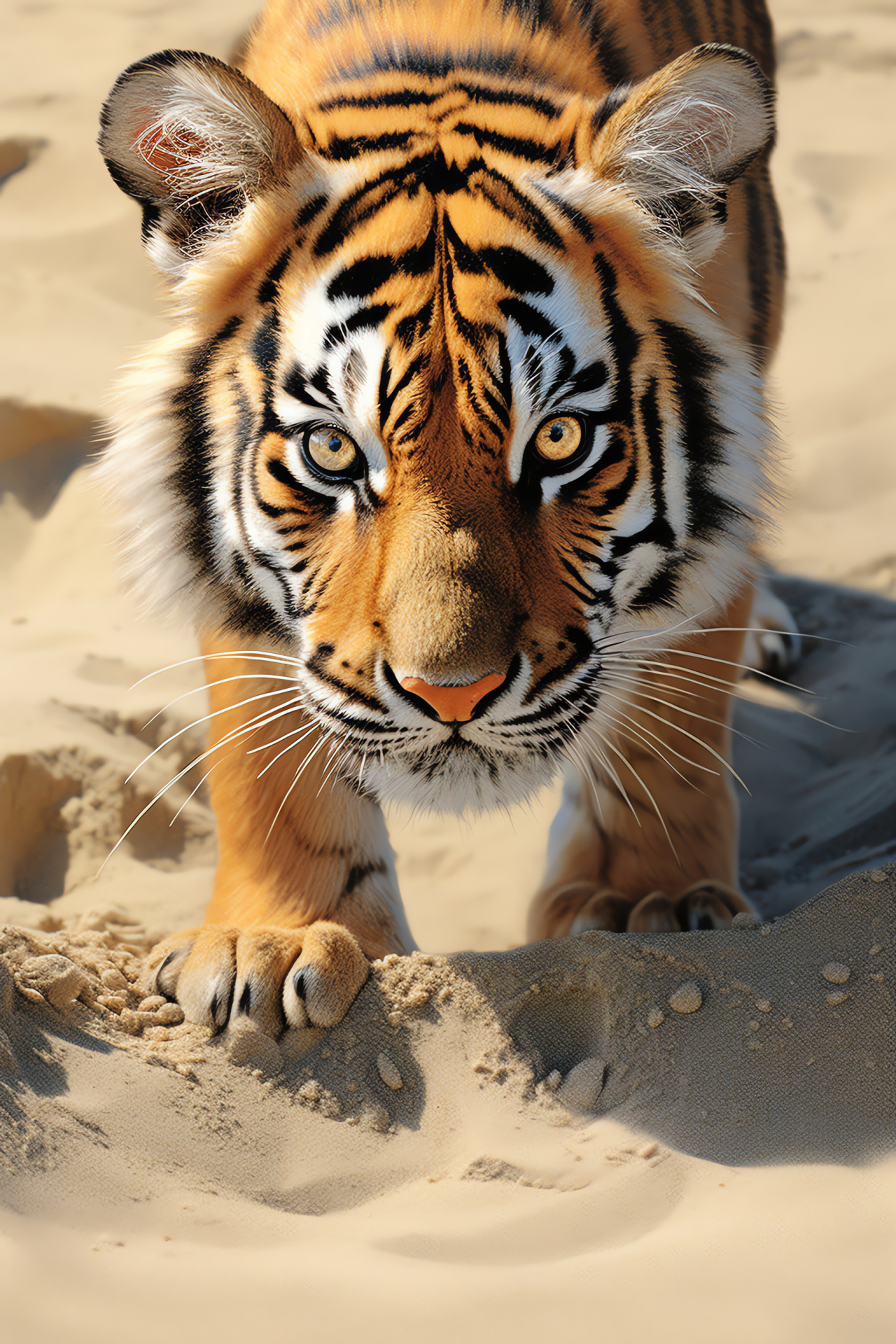 Striped tiger track, coastal feline, beach predator, distinctive camo, wild savannah, HD Phone Image