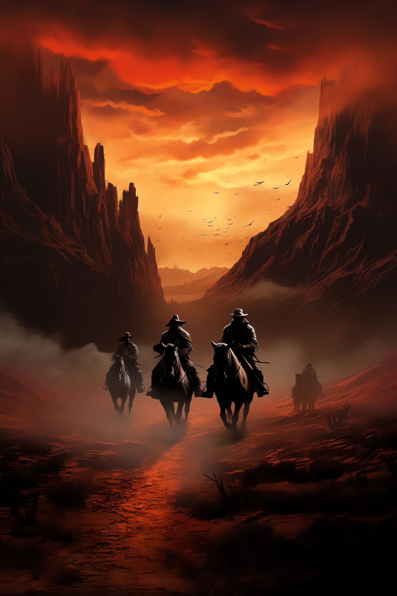 RDR Badlands region, Lawless outlaws, Dusty trails, Horseback riders, Wild atmosphere, HD Phone Image