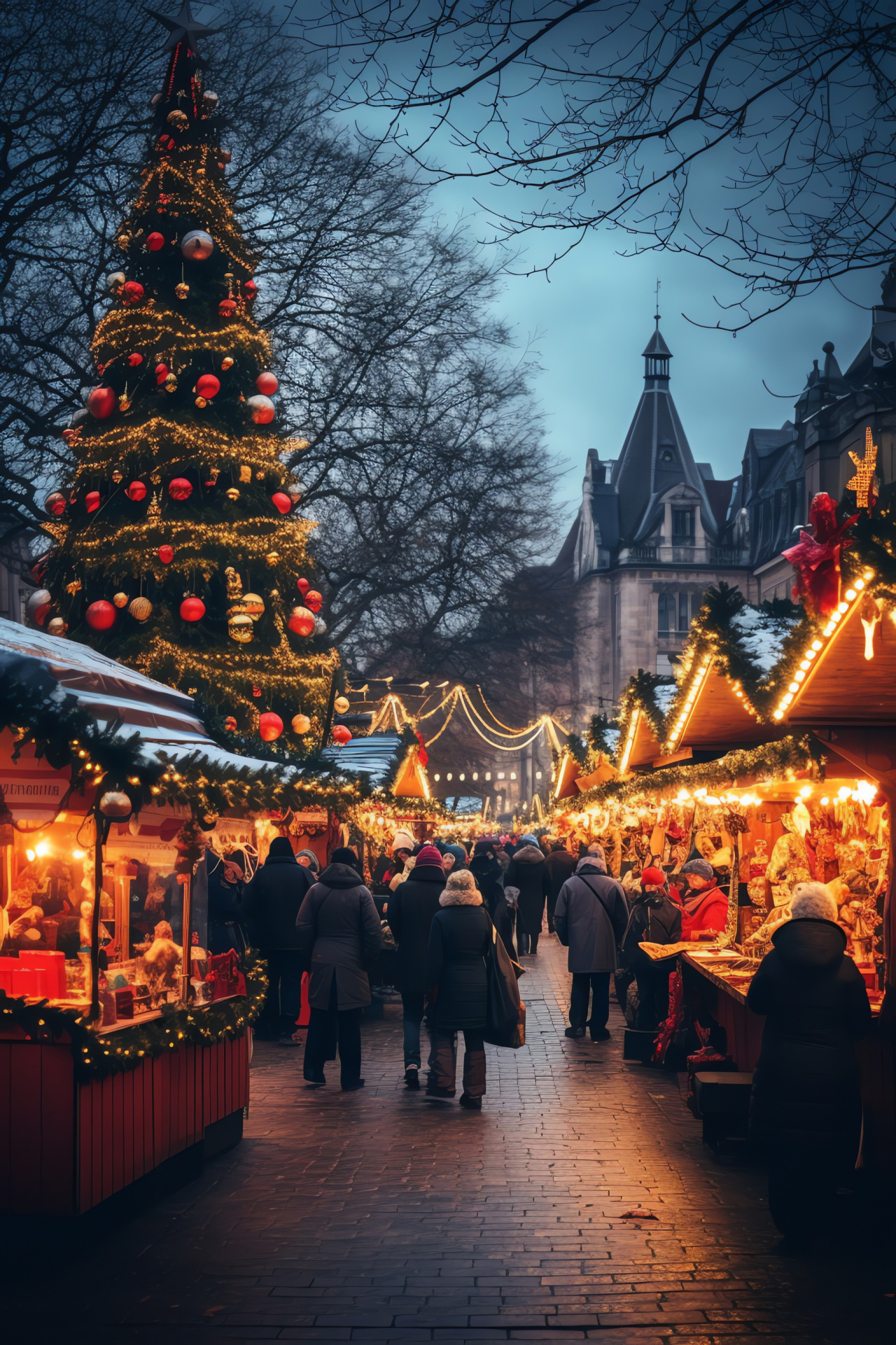 Yuletide market, Festive stalls, Artisanal creations, Sparkling baubles, Winter festivity, HD Phone Wallpaper