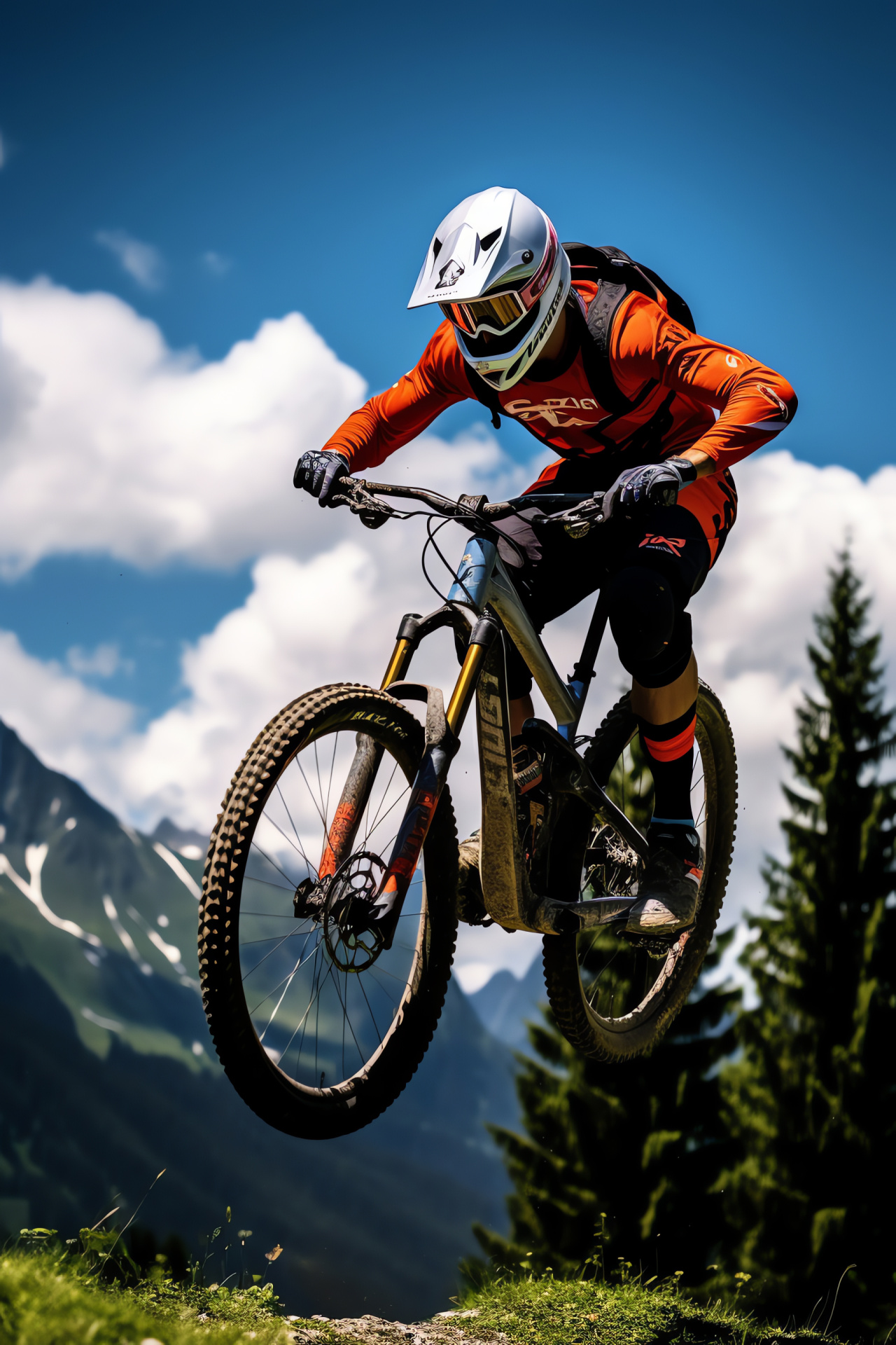 MTB Austrian Alps, Bikepark Leogang riders, Energetic jump trails, Serene alpine meadows, Snowy mountain view, HD Phone Image