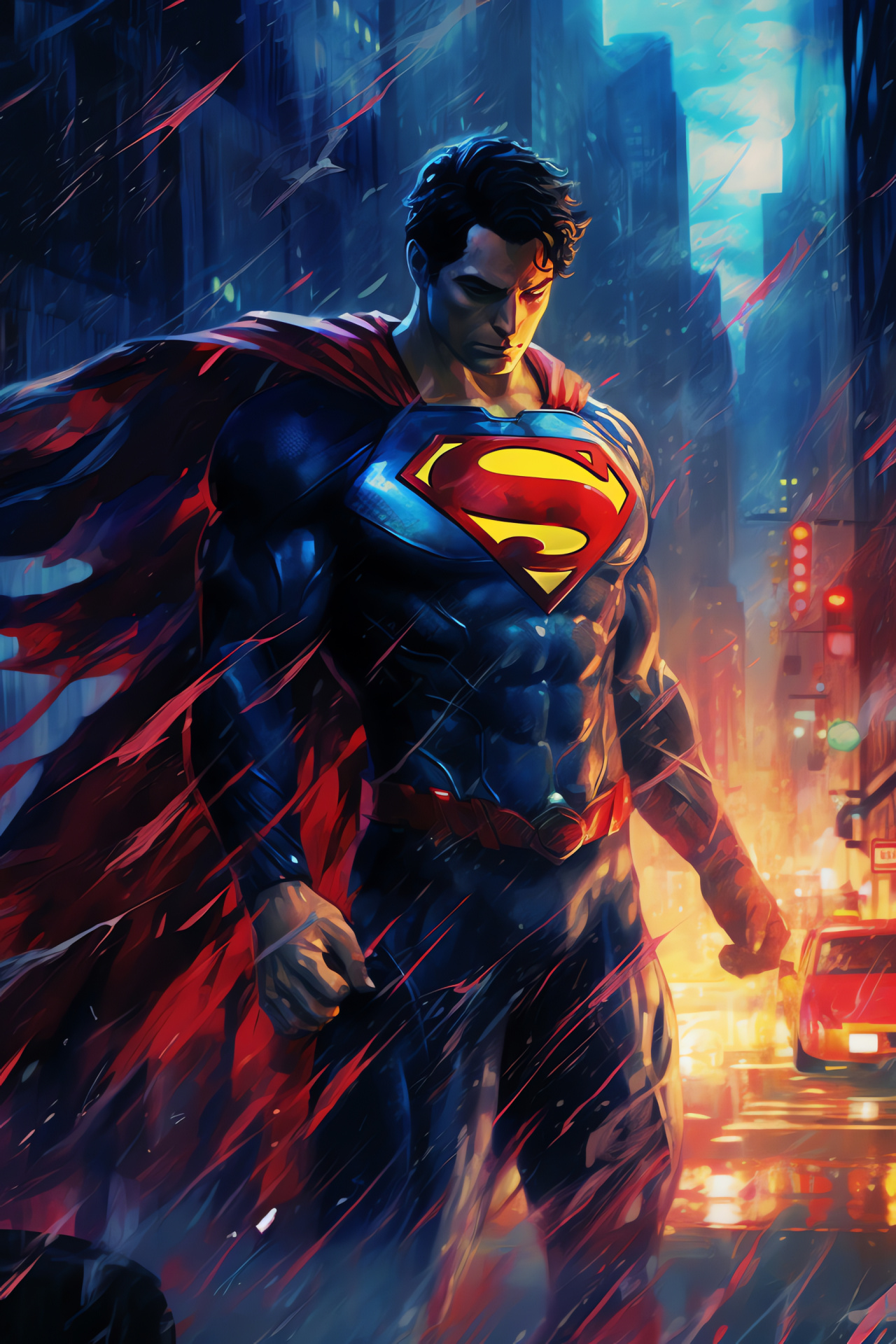 Superman hero, Metropolis disaster, Superhero rescue, Iconic costume, Weather's fury, HD Phone Image