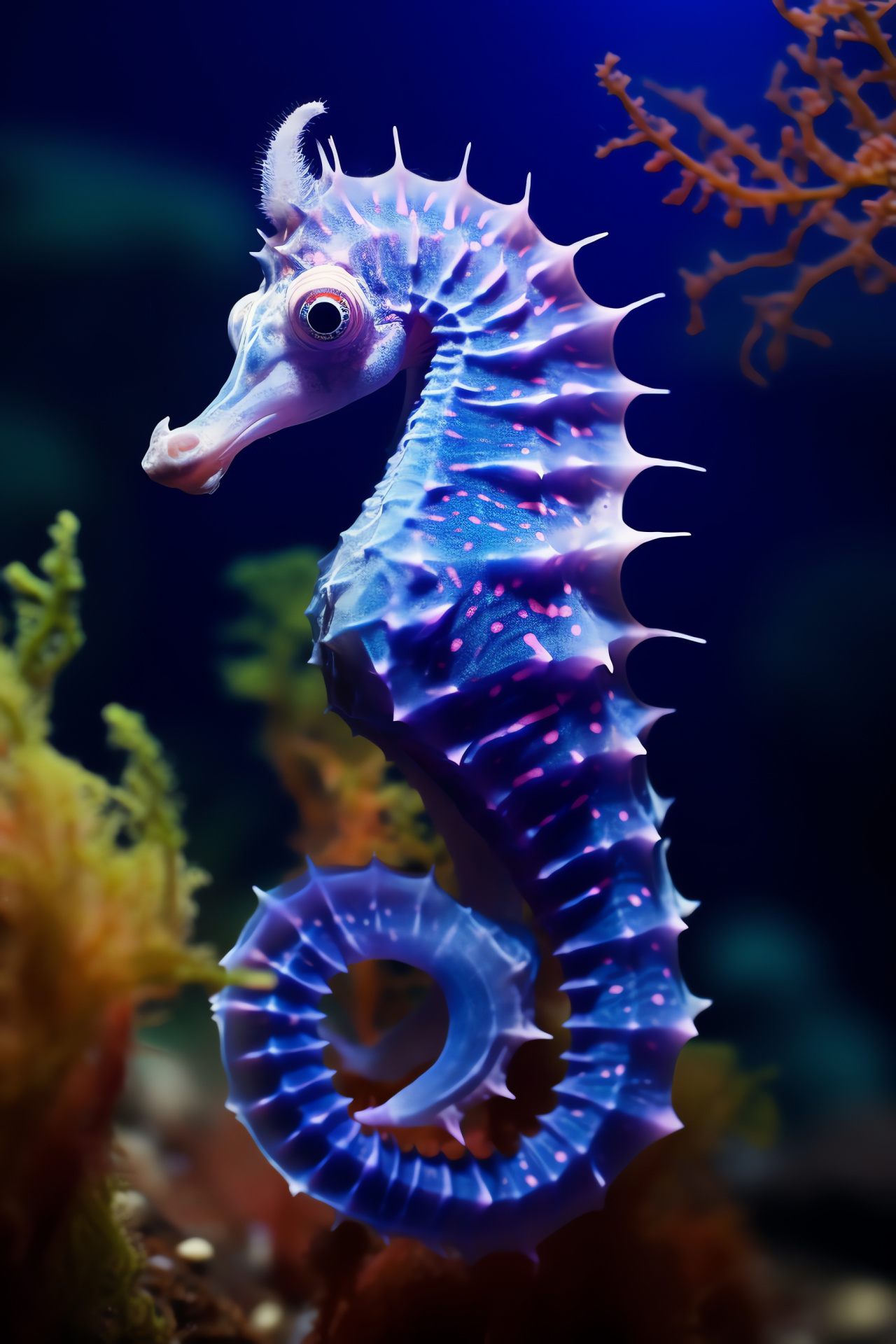 seahorse, purple coat, delicate fins, sapphire gaze, Mediterranean Sea, seagrass habitat, HD Phone Image