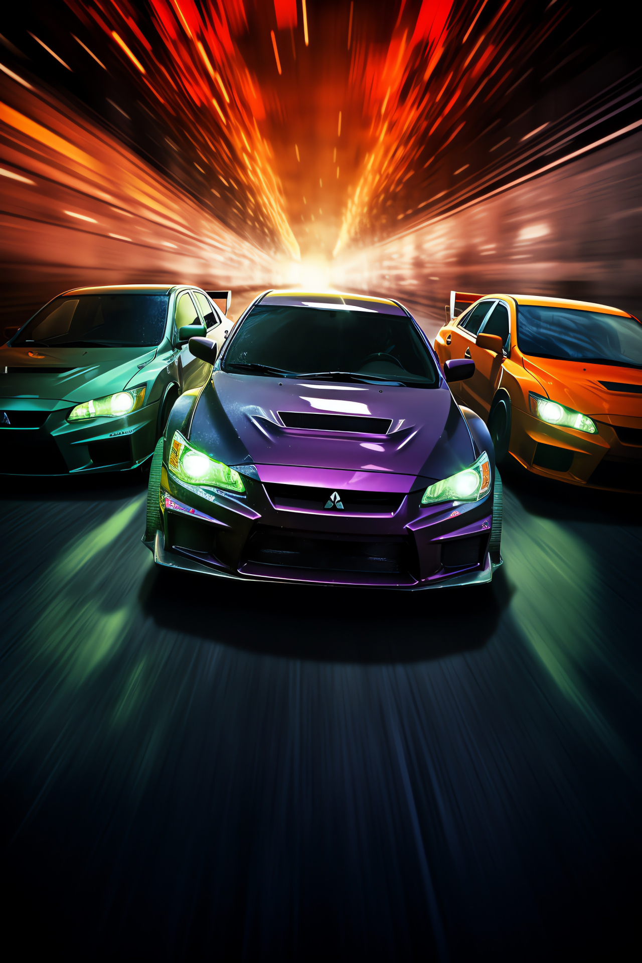 Street Racing Cars, Mitsubishi Lancer Evolution, Elevated angle, Color trio, Lively shades, HD Phone Wallpaper
