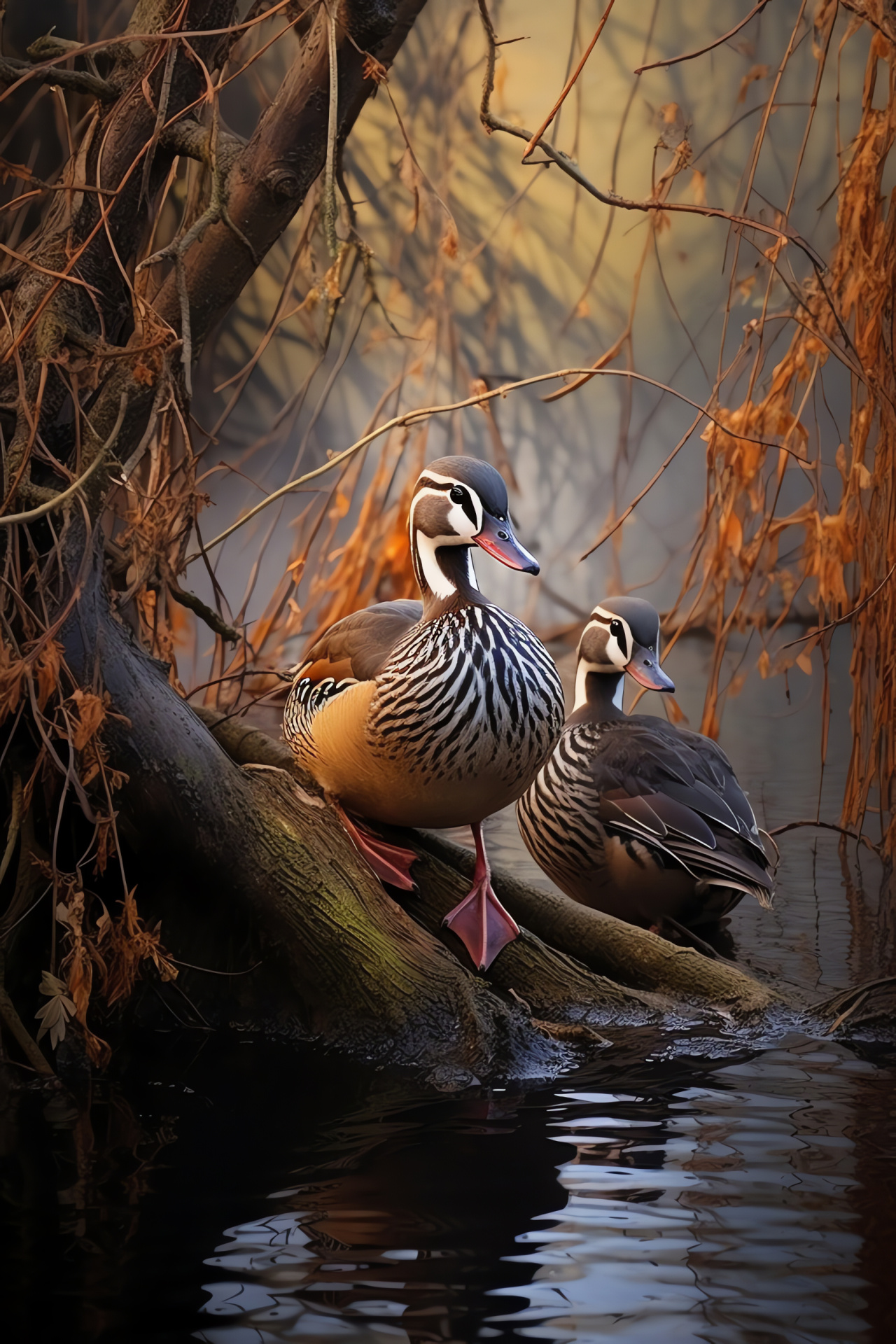Wood Ducks refuge, Waterbird habitat, Gentle colors, Waterside foliage, Avian retreat, HD Phone Wallpaper