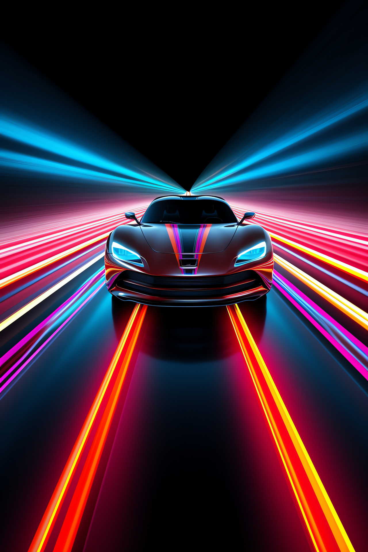 Neon car masterpiece, triple-stripe luminescence, expansive automotive showcase, radiant hues, modern visual appeal, HD Phone Wallpaper