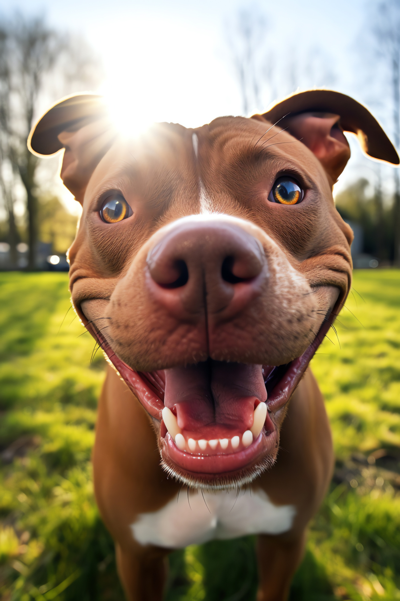 Red Nose Pitbull, red-white fur, amicable temperament, urban park setting, detailed portrait, HD Phone Image