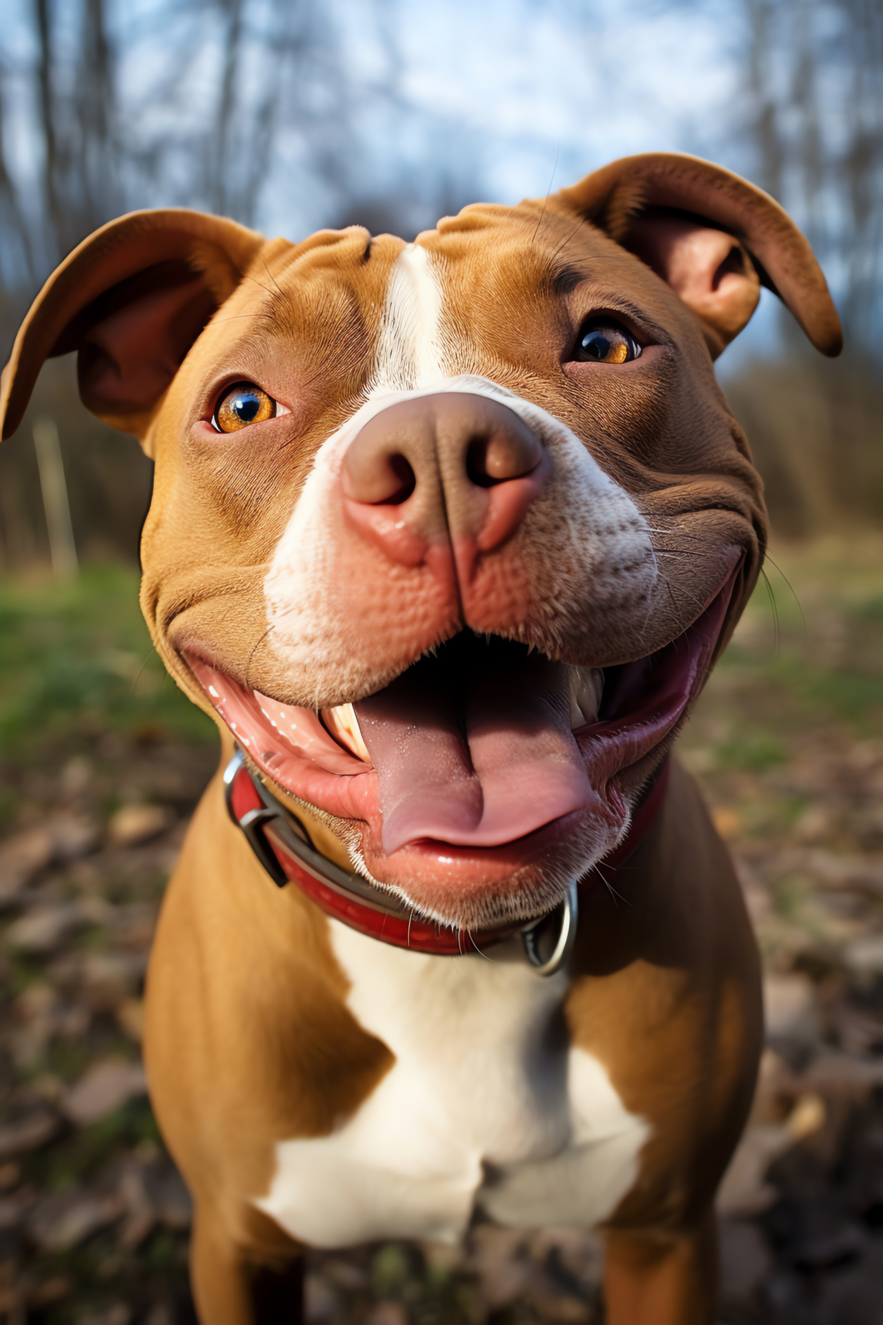 Red Nose Pitbull, red and white fur, canine companion, jovial demeanor, urban city park atmosphere, HD Phone Wallpaper