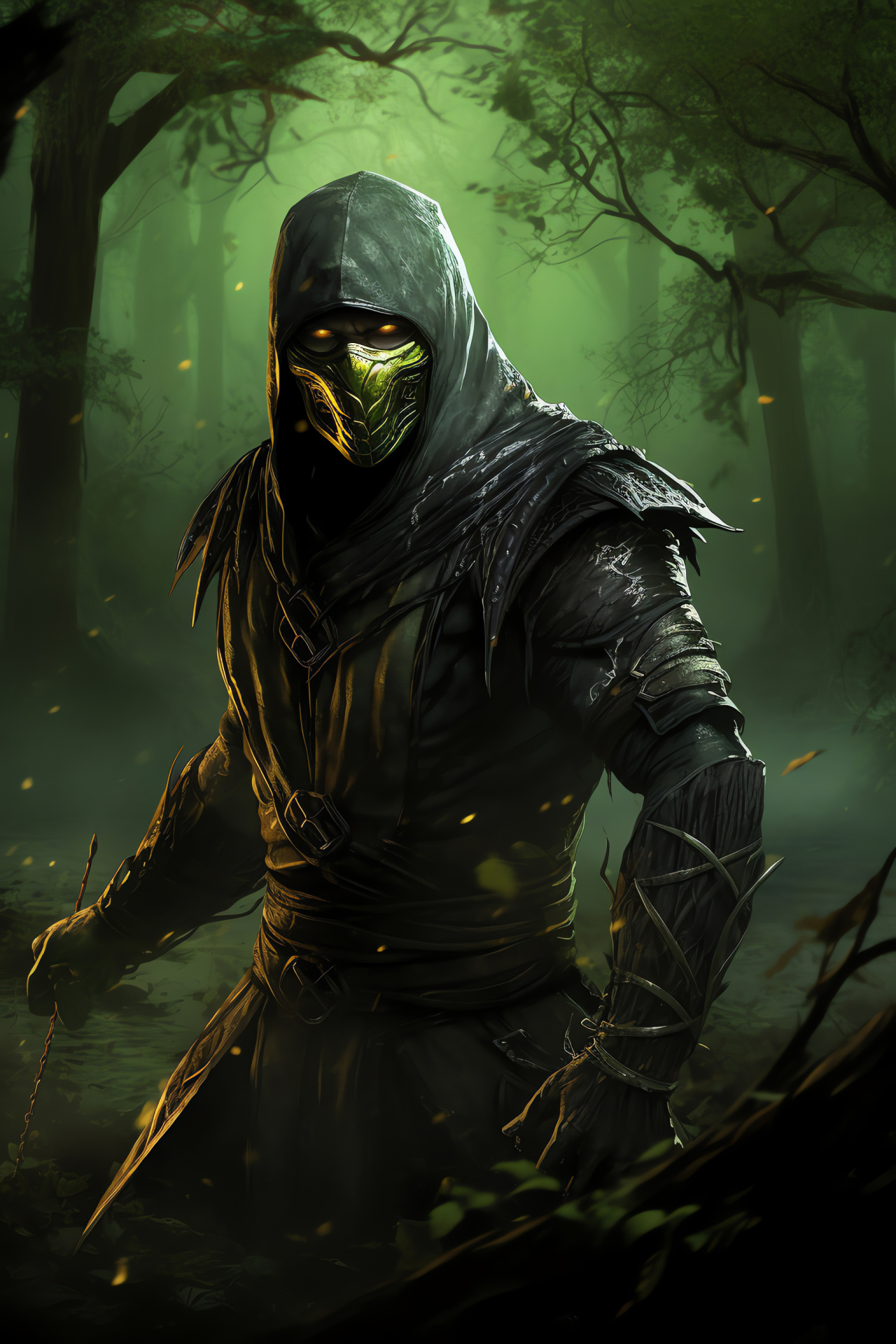 Reptile in Mortal Kombat, Concealed warrior, Sinister ambiance, Rainy setting, Mystical forests, HD Phone Wallpaper
