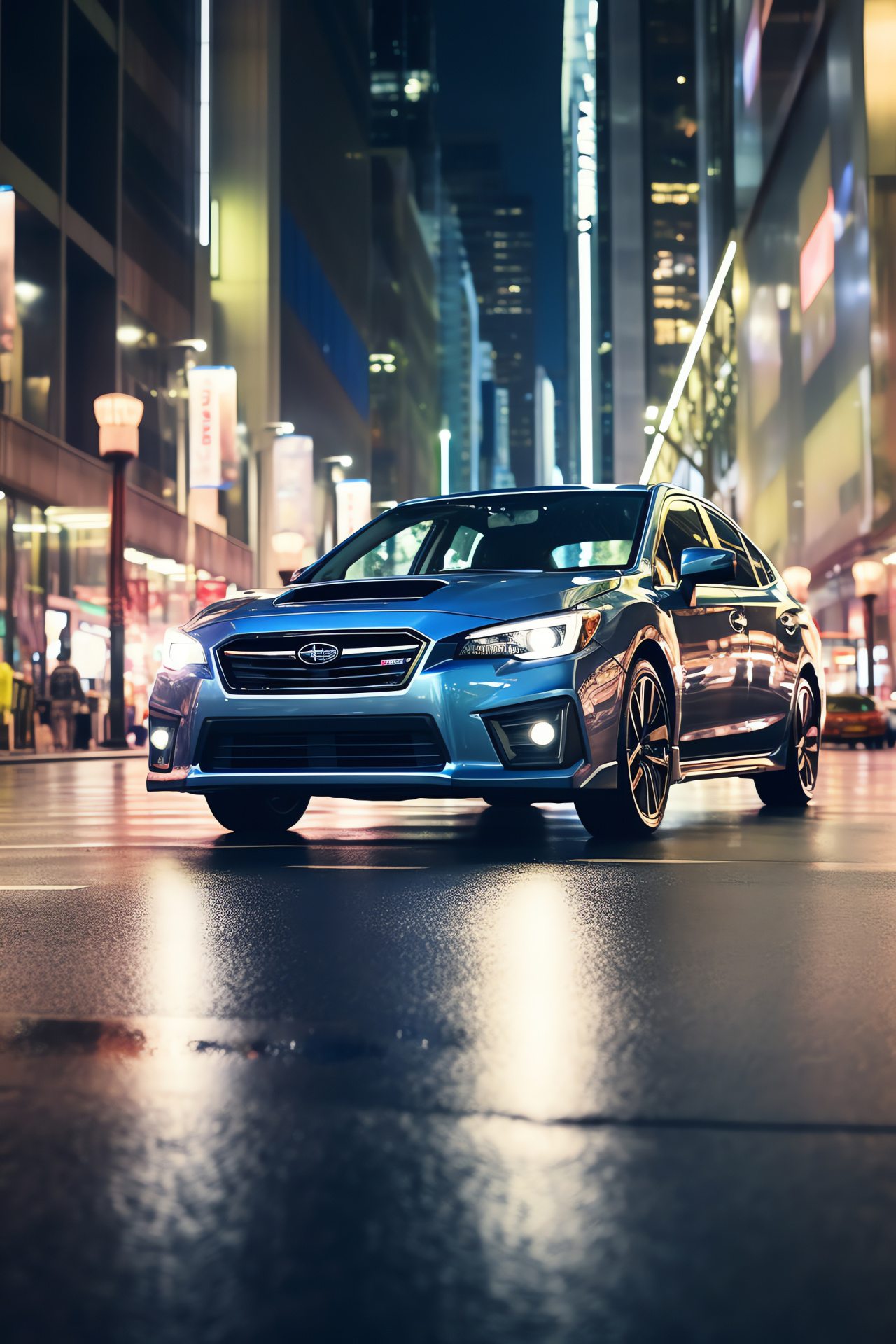 Subaru Impreza on Tokyo streets, Shibuya district, illuminated thoroughfares, sleek car aesthetics, bustling crowd scene, HD Phone Wallpaper