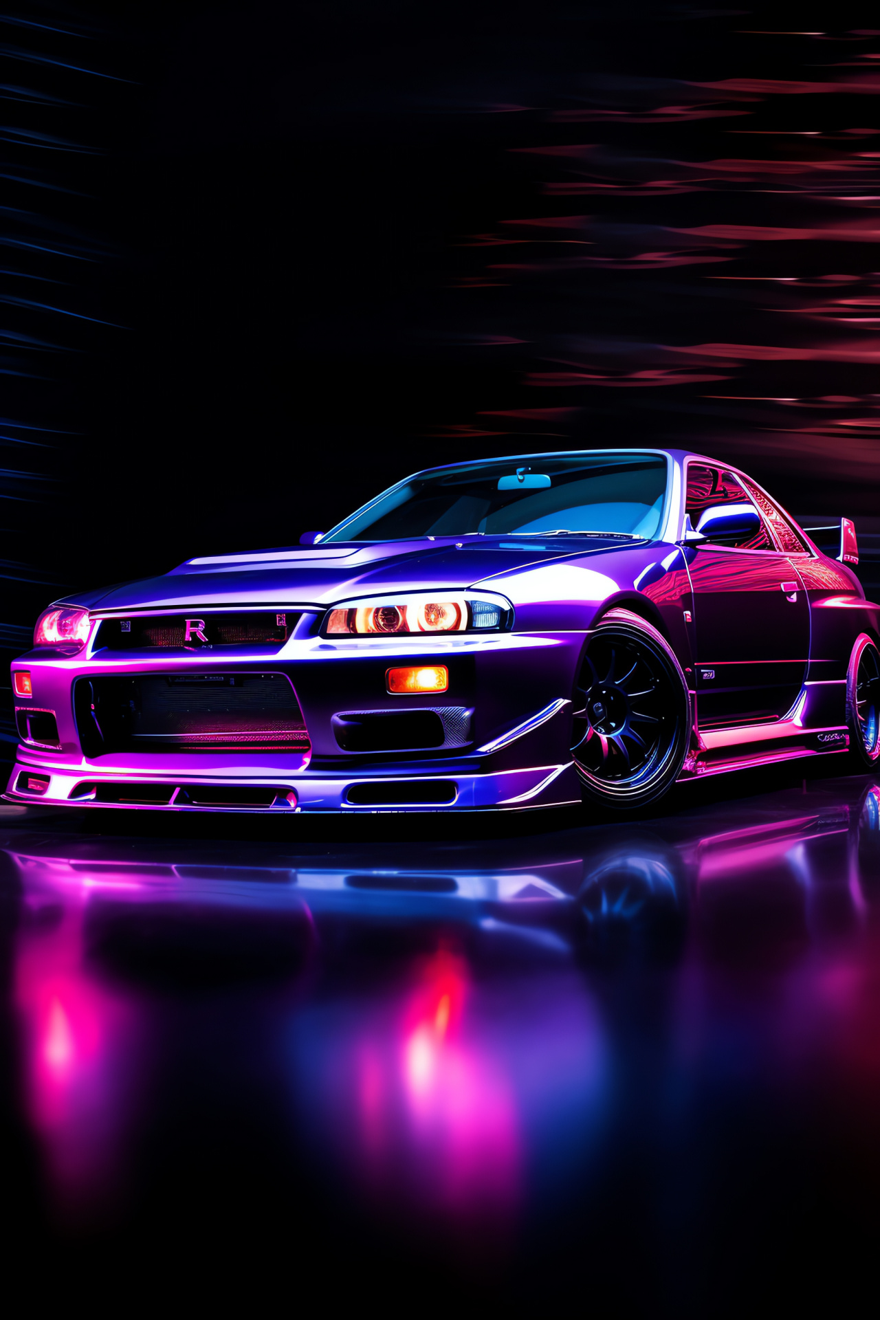 Nissan Skyline GTR R33, Sporty coupe design, Illuminated by neon, Triple color blend, Night racing appeal, HD Phone Image