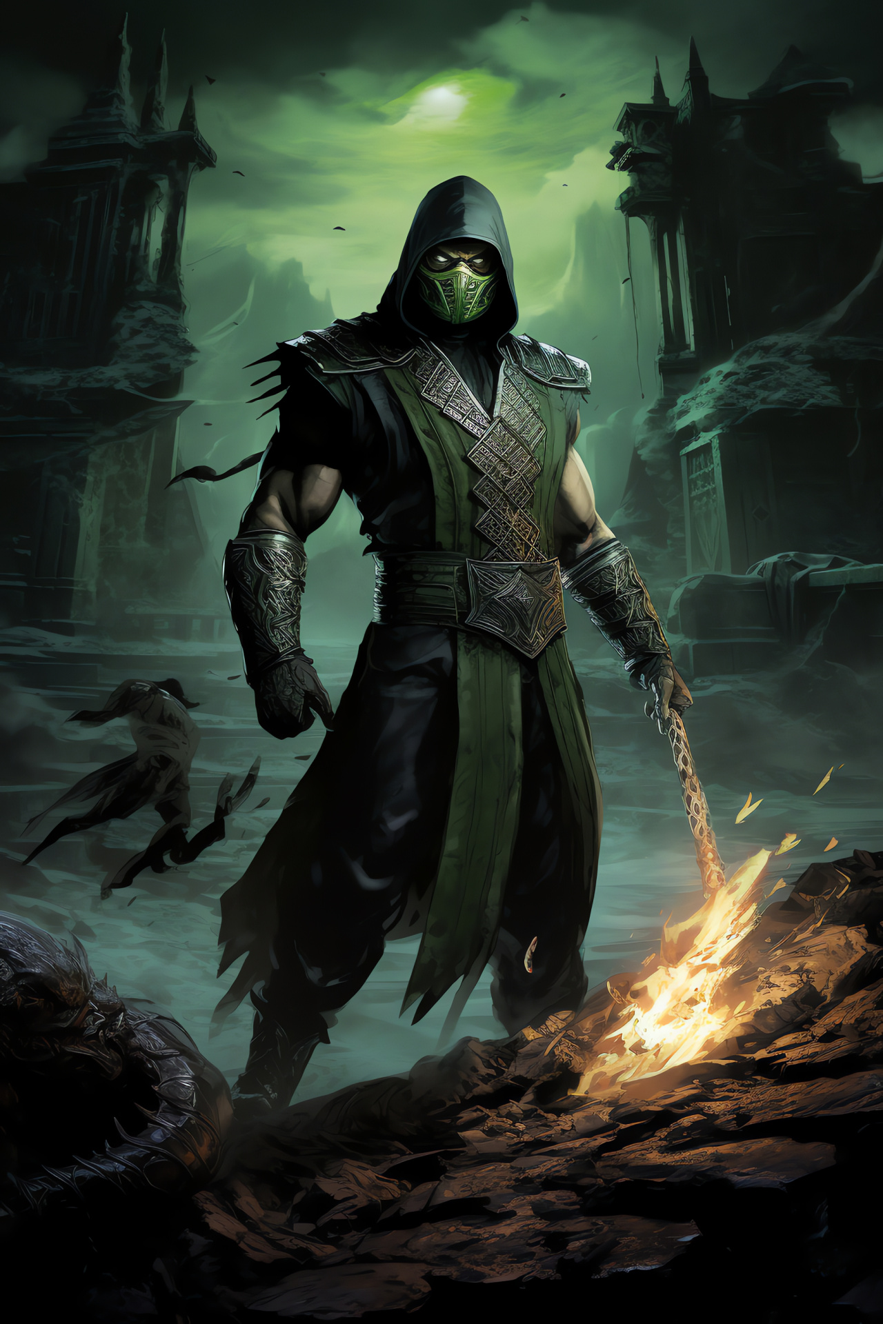 Mortal Kombat's Reptile, Shang Tsung's assassin, Reptile on battle island, Companion Jade feature, Mortal Kombat setting ruins, HD Phone Wallpaper