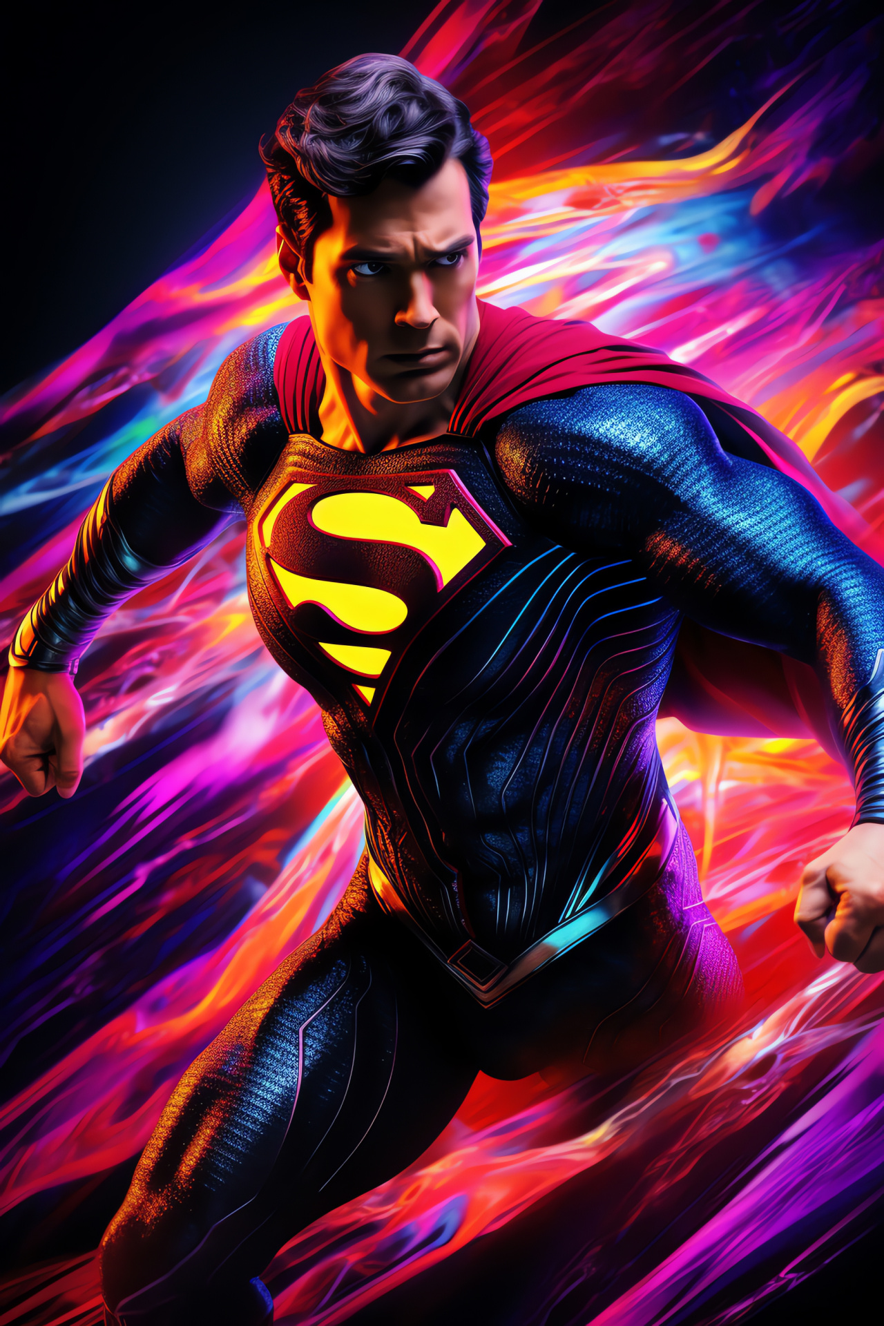 Superman in flight, Caped hero mid-hover, Neon glow superhero, Metropolis savior, Comic book character, HD Phone Wallpaper