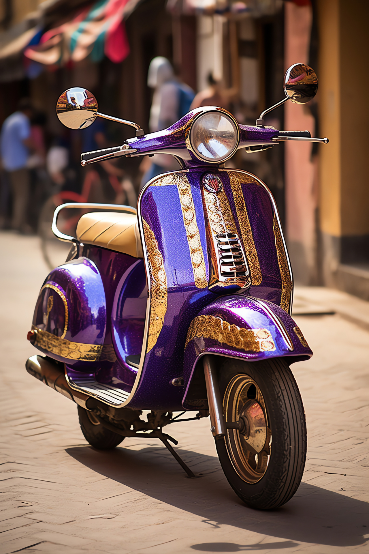 Vespa scooter, Moroccan culture, Marrakech marketplace, Vintage European design, Traditional attire, HD Phone Image