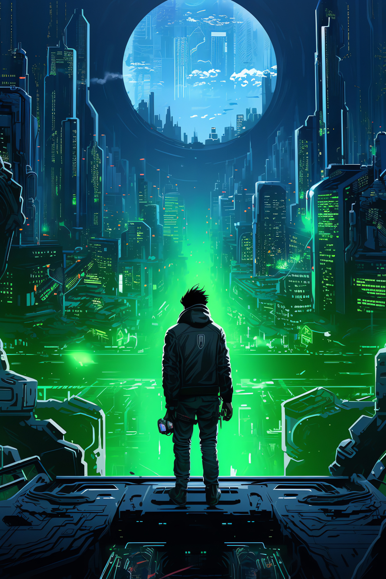 Pip Boy interface, urban skyline, tech wearables, digital revolution, advanced civilization, HD Phone Image