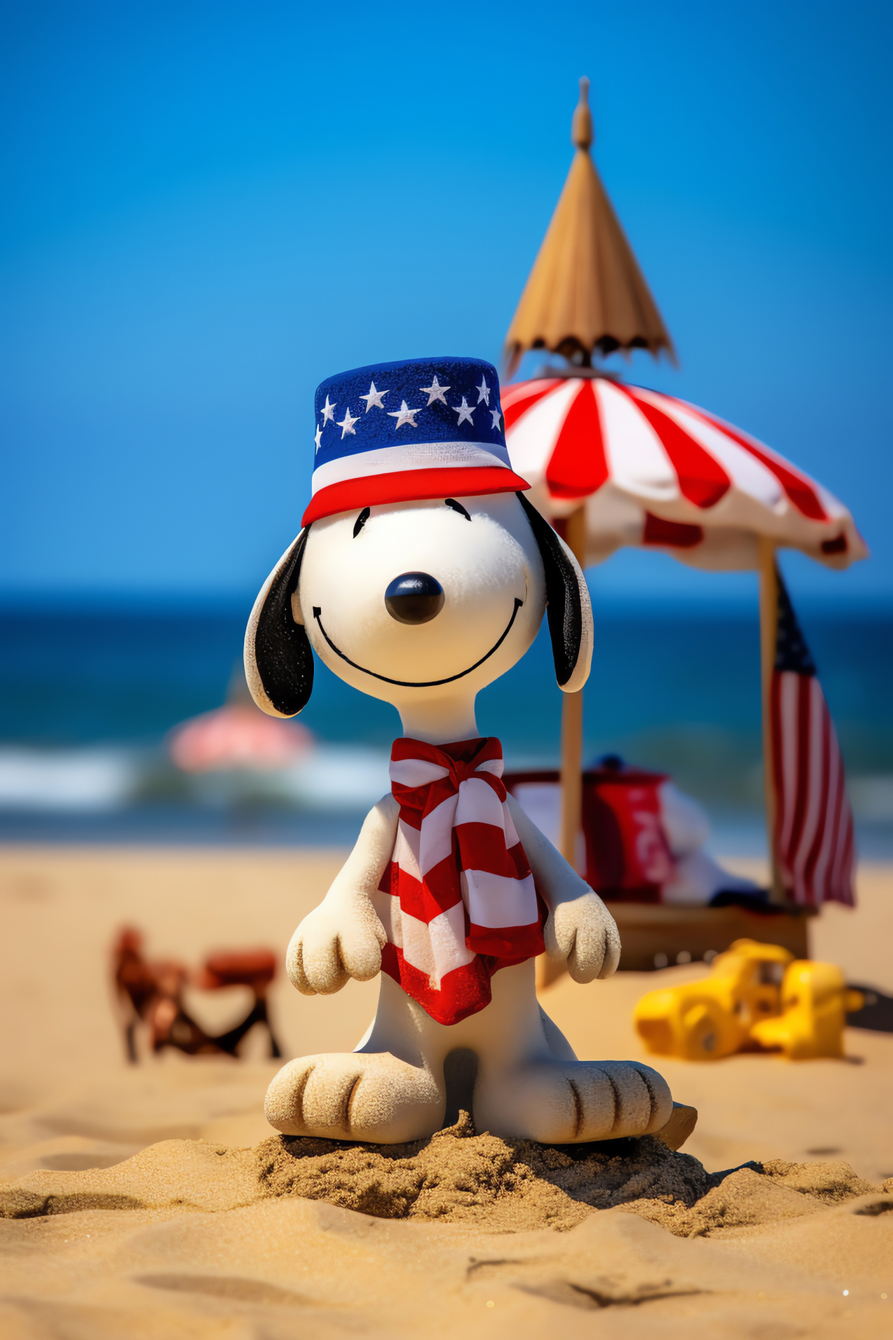 Patriotic Snoopy cartoon, 4th of July celebration, summertime beach, sandcastle fun, stars and stripes, HD Phone Image
