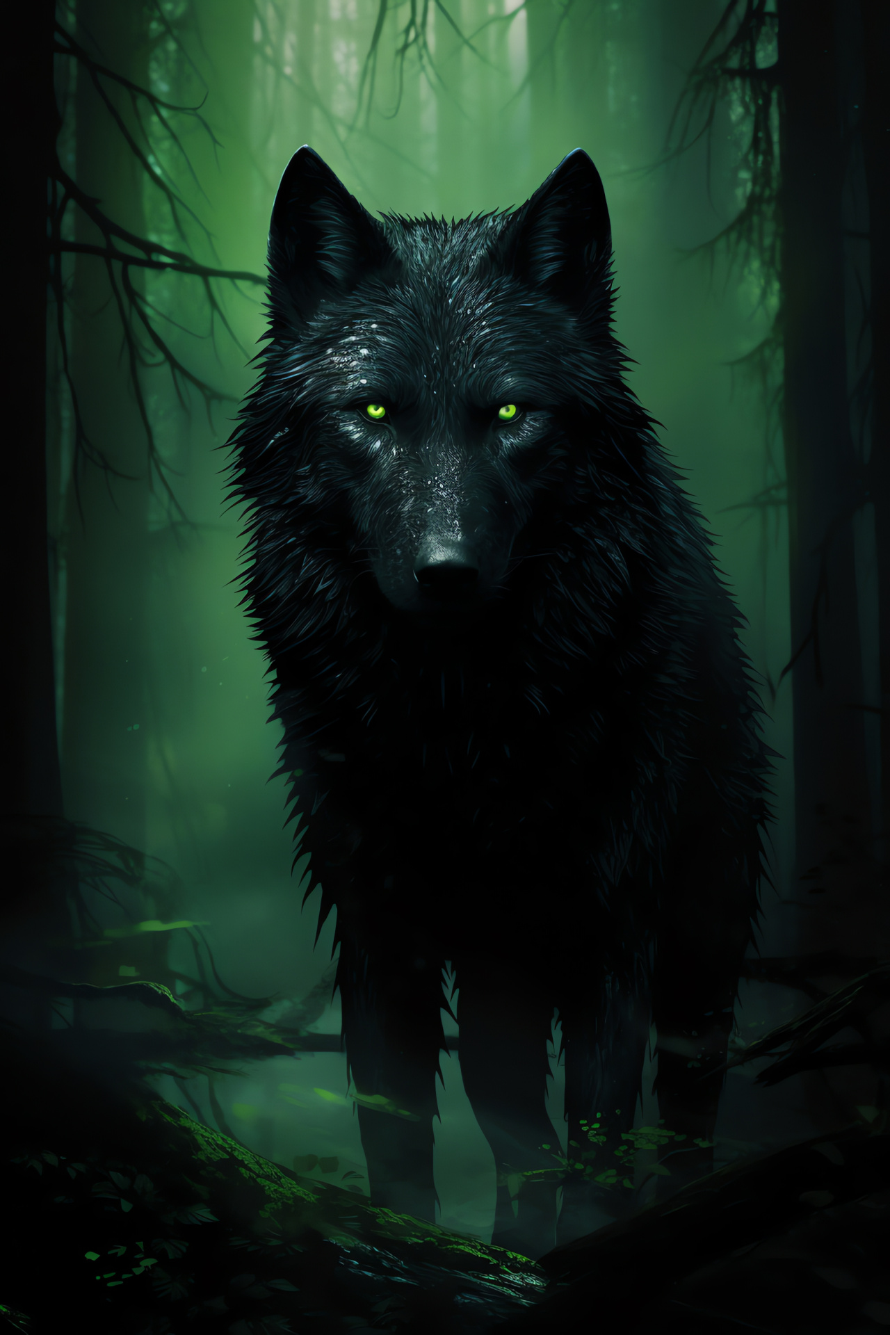 Nocturnal Timber Wolf, Fern glance, Ebony fur, Lunar glow, Veiled timberland, HD Phone Wallpaper