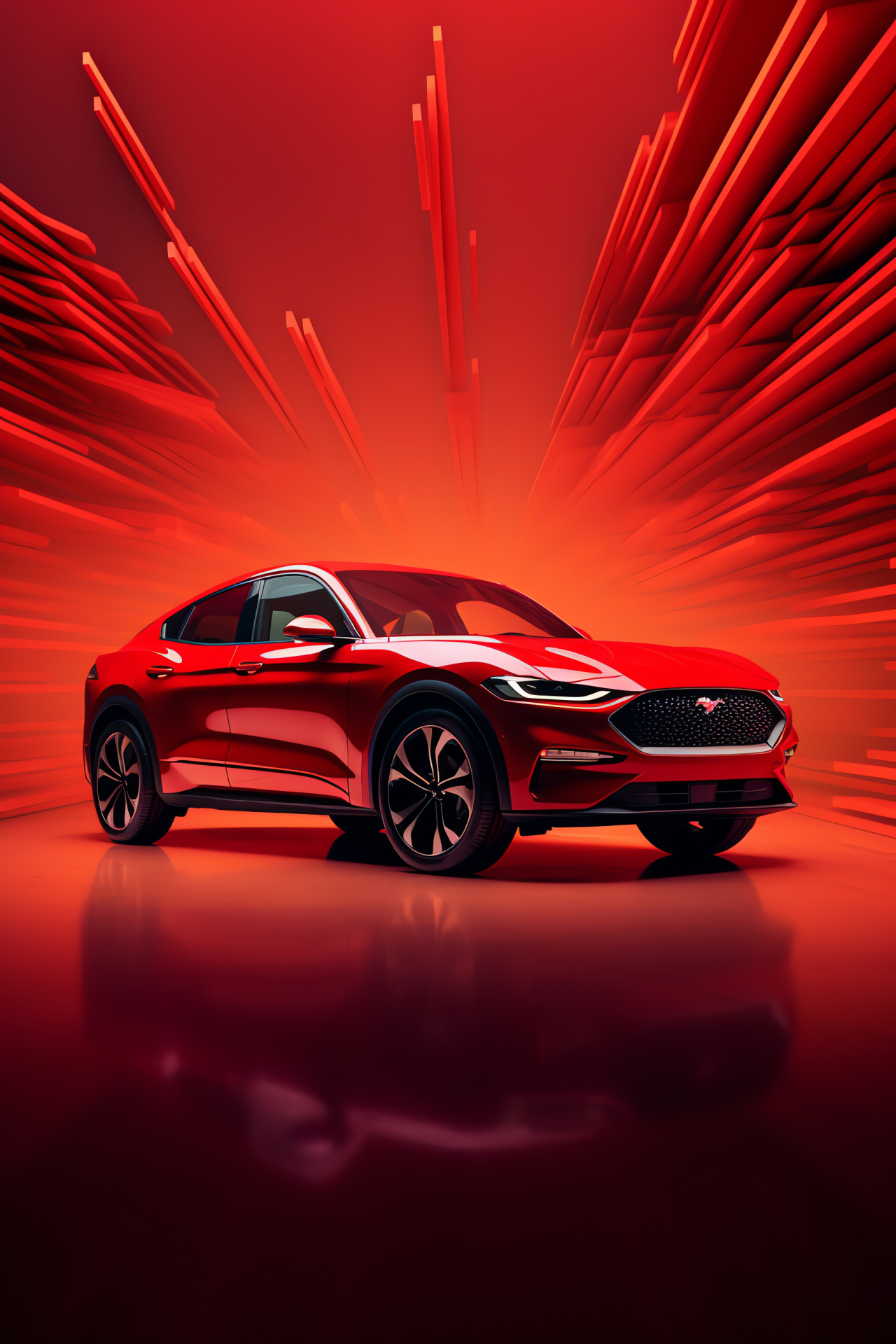 Mustang vehicle, Pure red shade, Powerful electric engine, Automotive design, Sportscar aesthetic, HD Phone Image