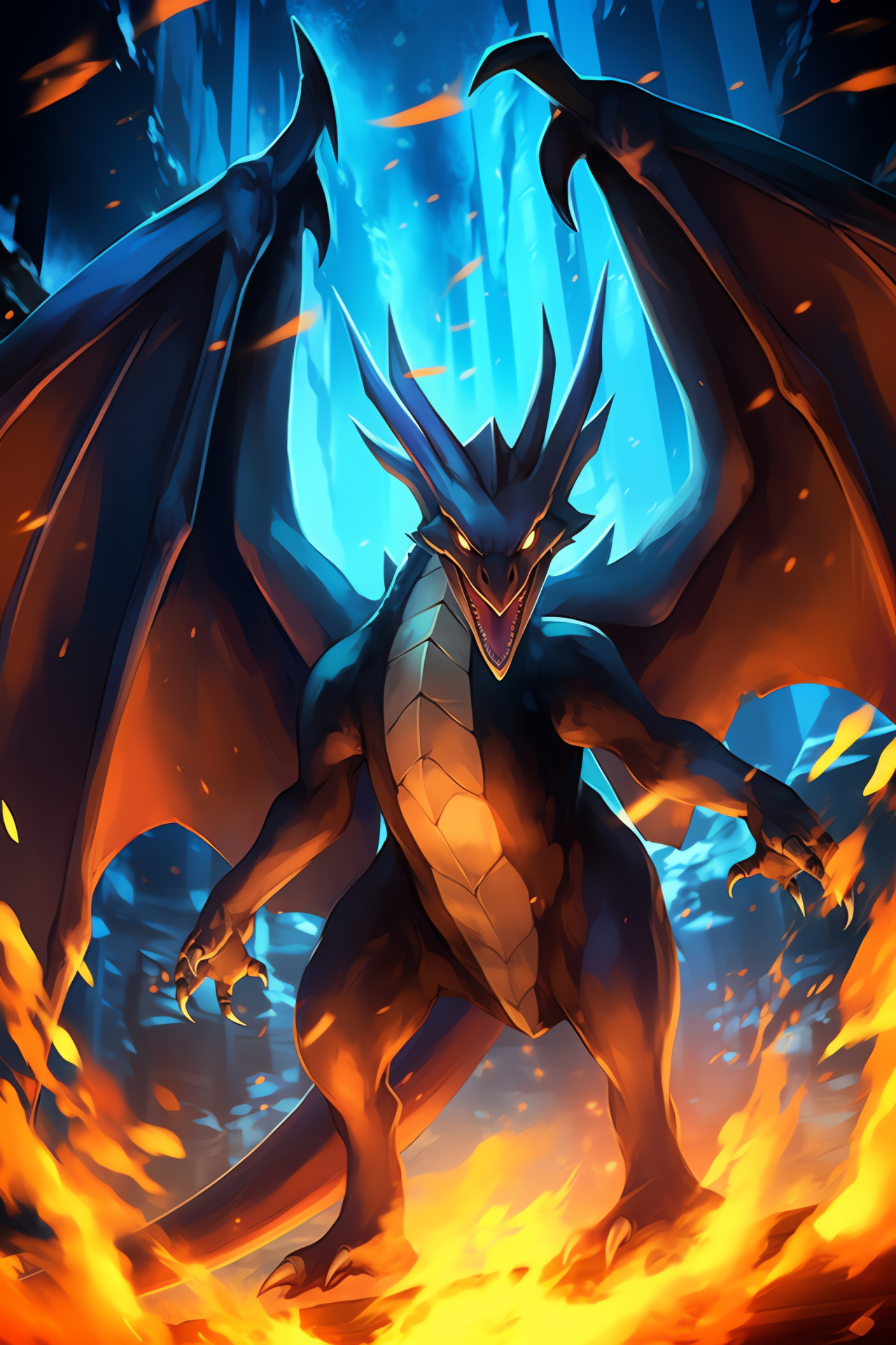 Mega Charizard artwork, Focused creature, Blue eyes detail, Dynamic pose, Gaming iconography, HD Phone Image