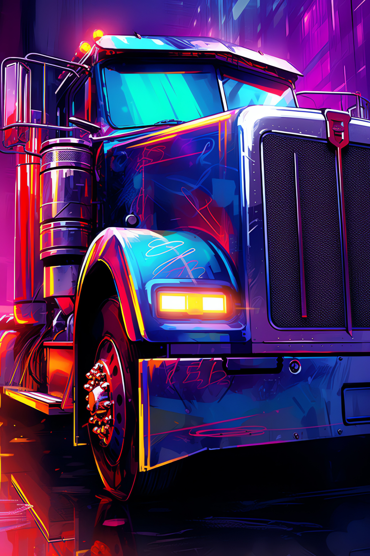 Truck insignia close-up, Peterbilt badge, digital cyber art, abstract square mosaic, tech-inspired motif, HD Phone Image