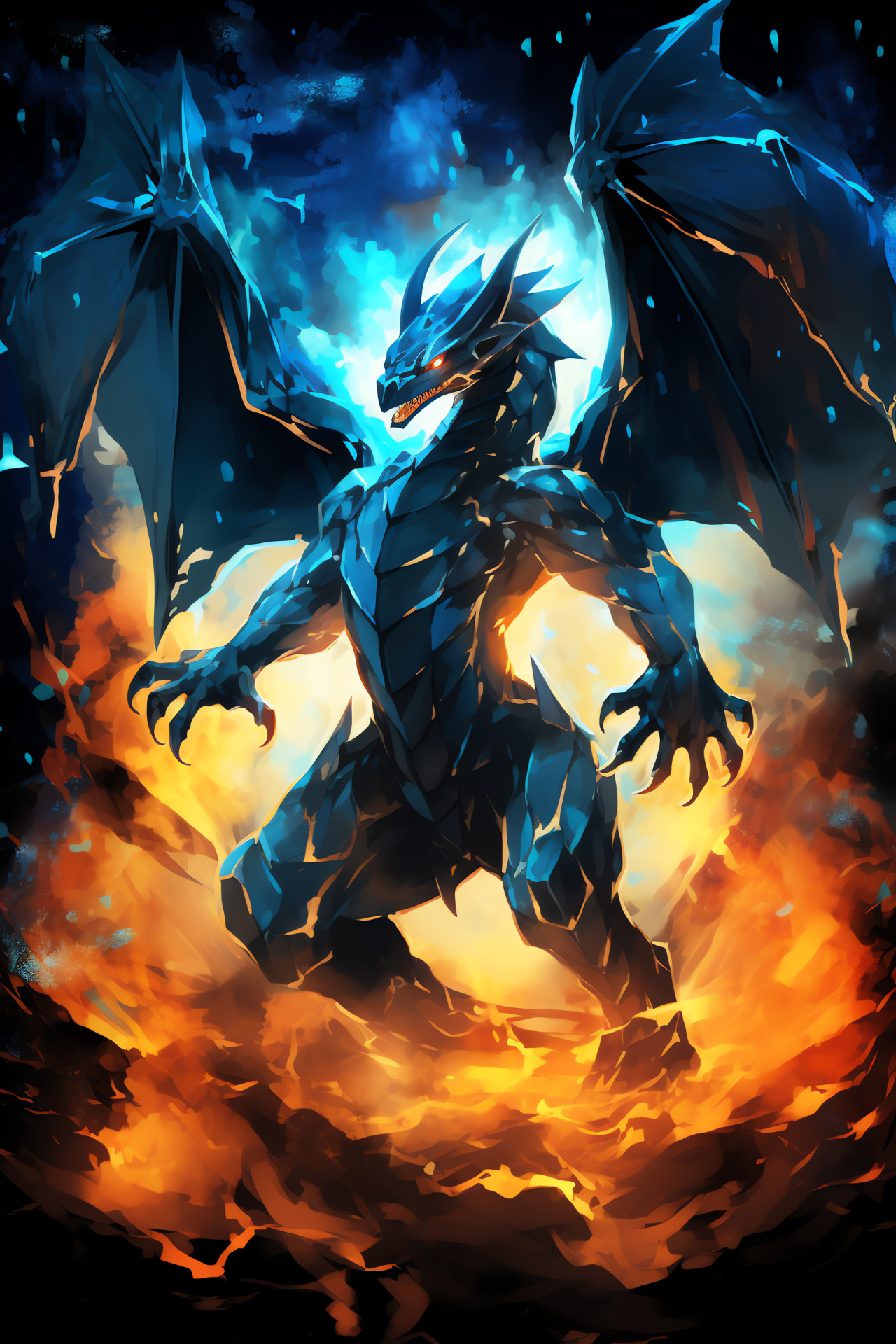 Mega Charizard, gaming beast, emerald habitat, blue-eyed, expansive wings, HD Phone Image