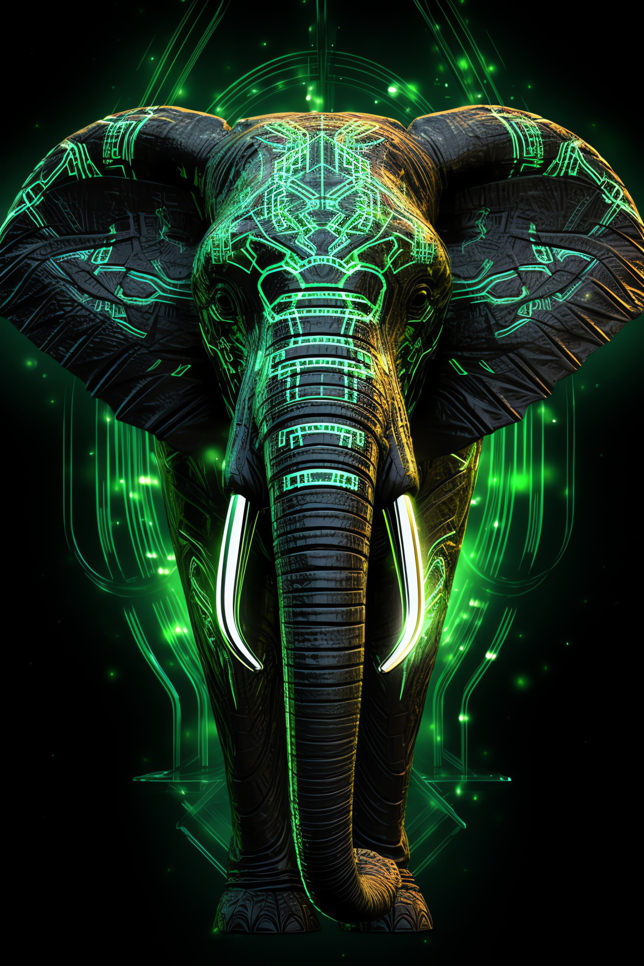 Elephant stature, High-angle, Glowing backdrop, Ivory tusks, Wrinkled skin, HD Phone Image