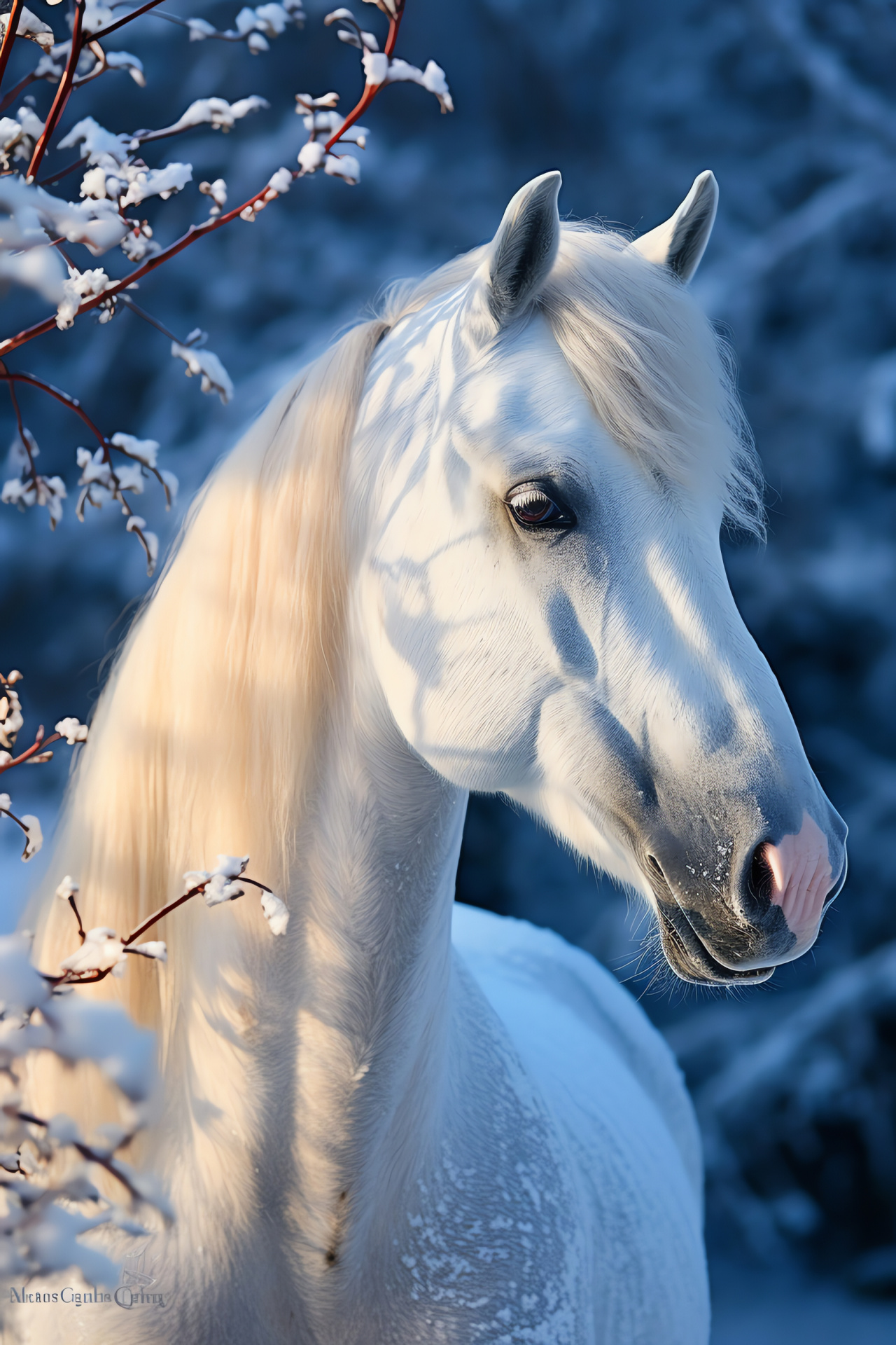 Horse, equine elegance, snow-blanketed trees, sapphire gaze, contrasting scene, HD Phone Image