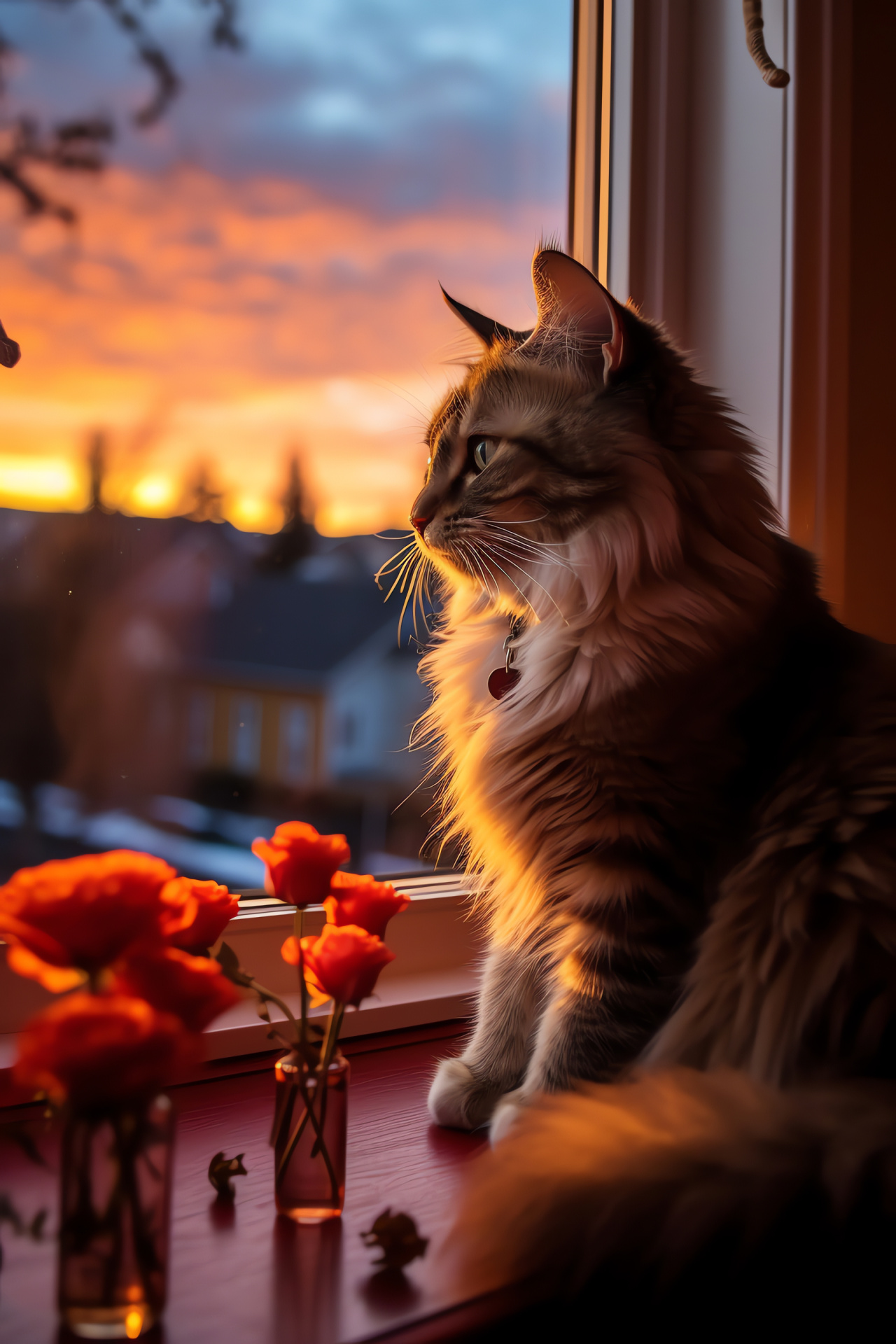 Feline sunset observance, romantic windowside perch, orange twilight glow, Valentine's peaceful moment, pet relaxation scene, HD Phone Image