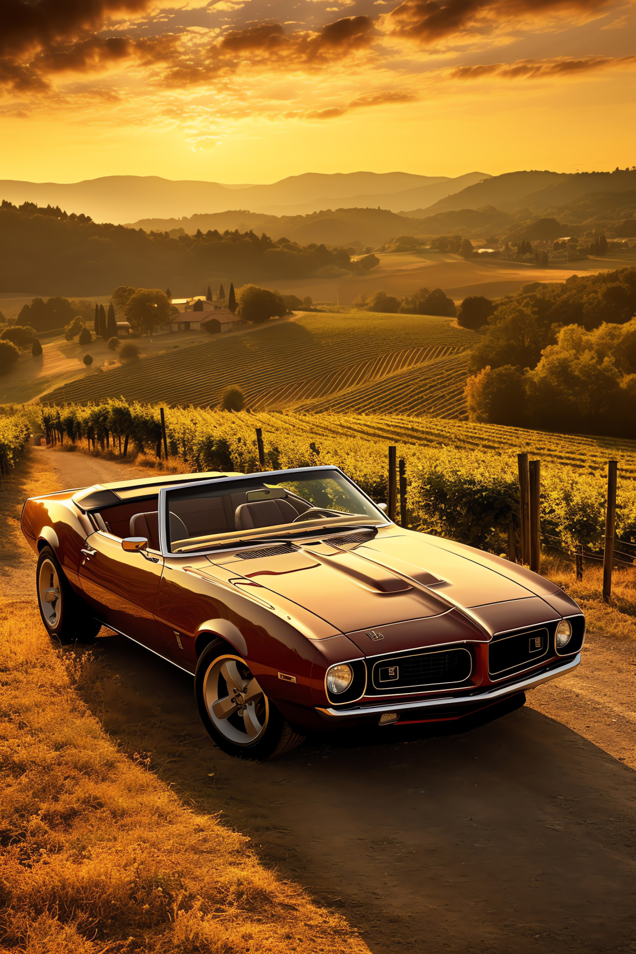 Pontiac Firebird in Tuscany, Rural beauty, Convertible enjoyment, Italian panorama, Idyllic setting, HD Phone Image