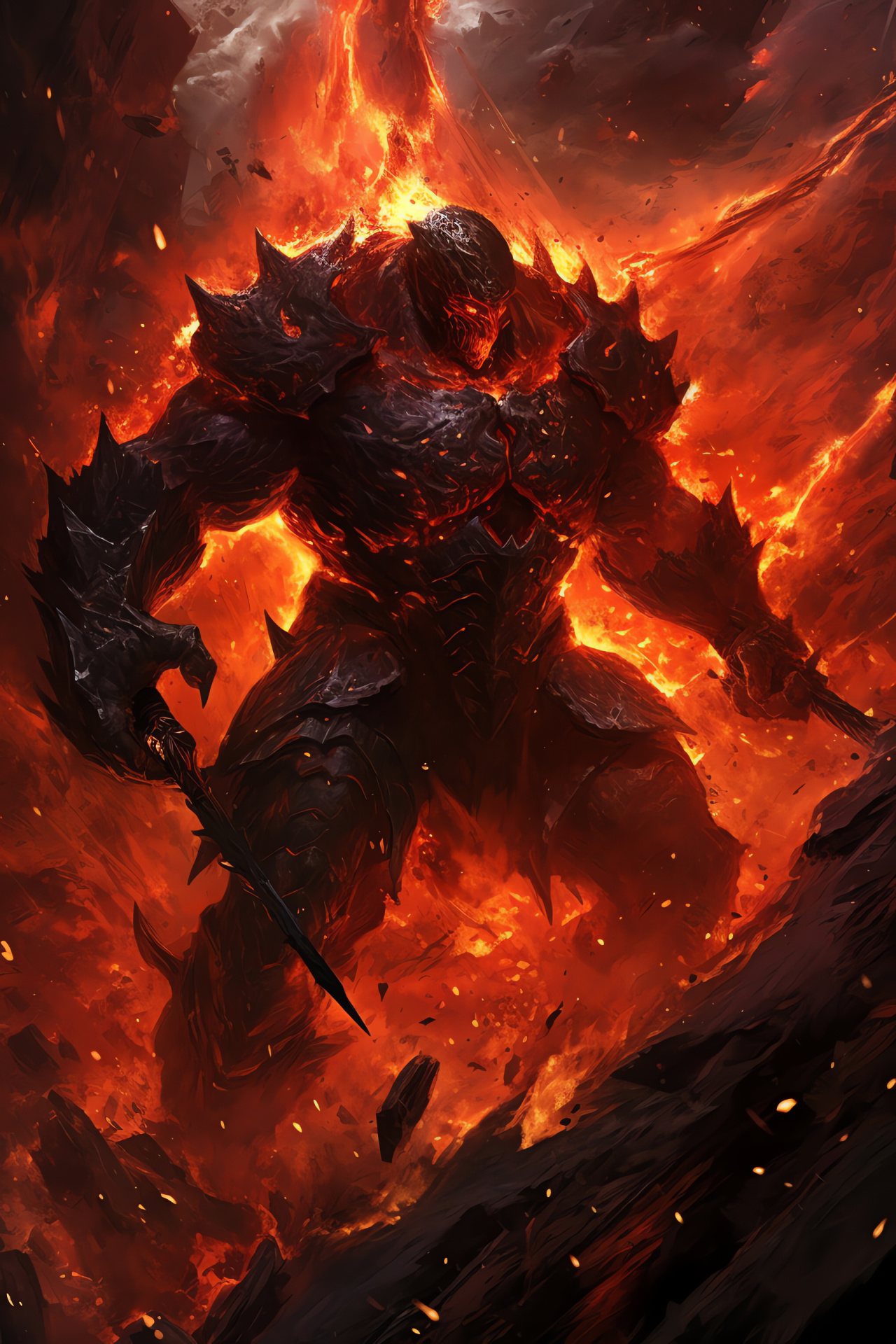 Path of Exile combat scene, Juggernaut class in action, Volcanic eruption backdrop, Heavy weaponry showdown, Dynamic RPG gameplay, HD Phone Image